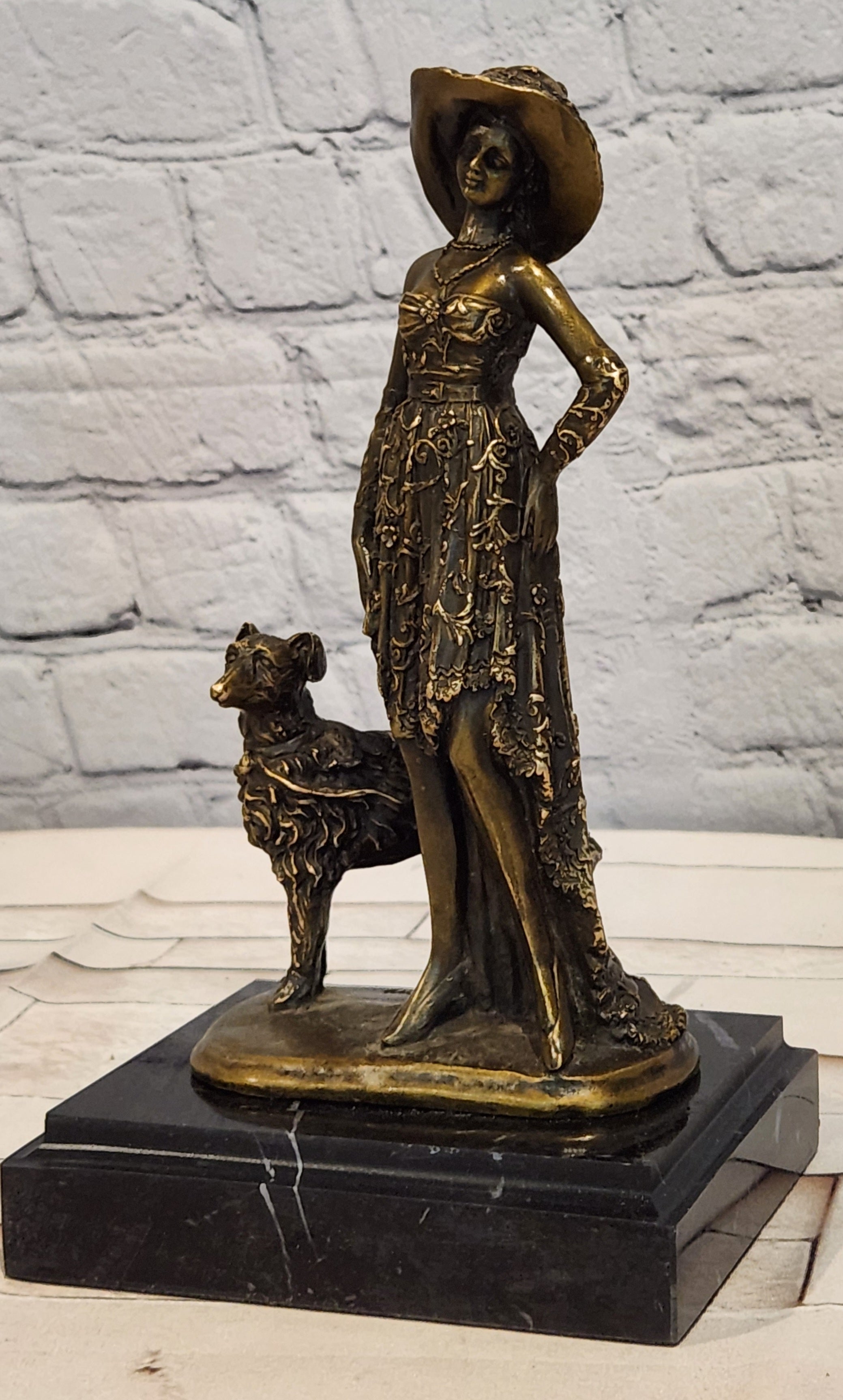 Art Deco Bronze Female with Dog Sculpture Signed Casaro Home Decor Statue