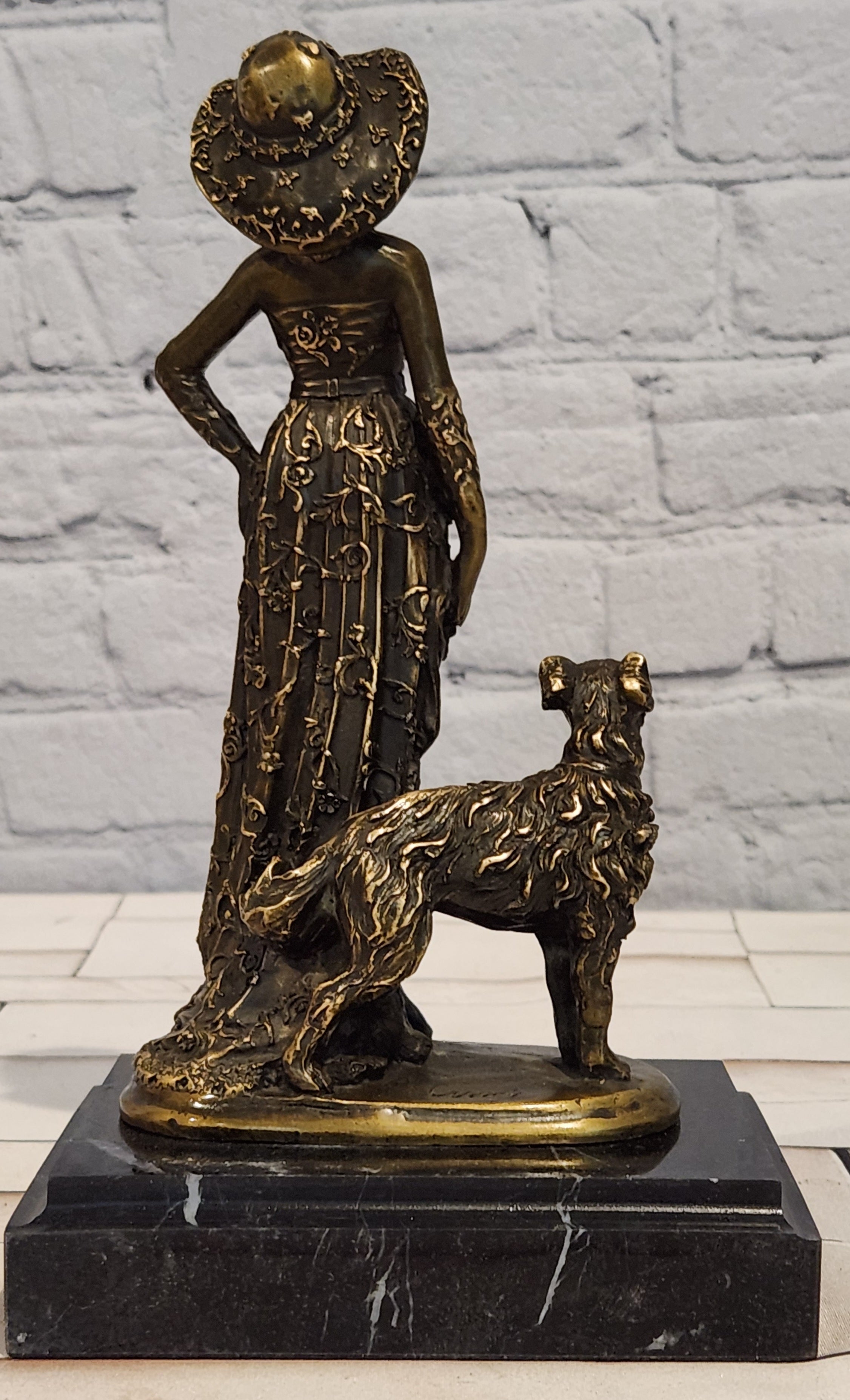 Art Deco Bronze Female with Dog Sculpture Signed Casaro Home Decor Statue
