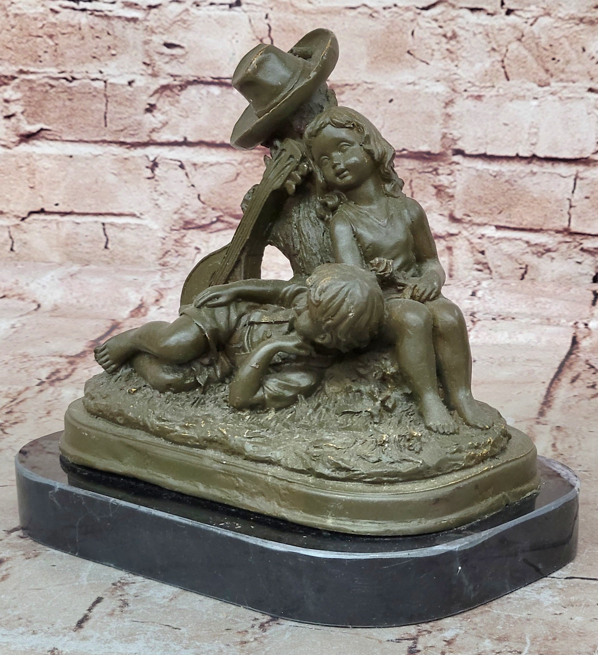 Hand Made Bronze Sculpture Statue Children Resting Figurine by J Patoue