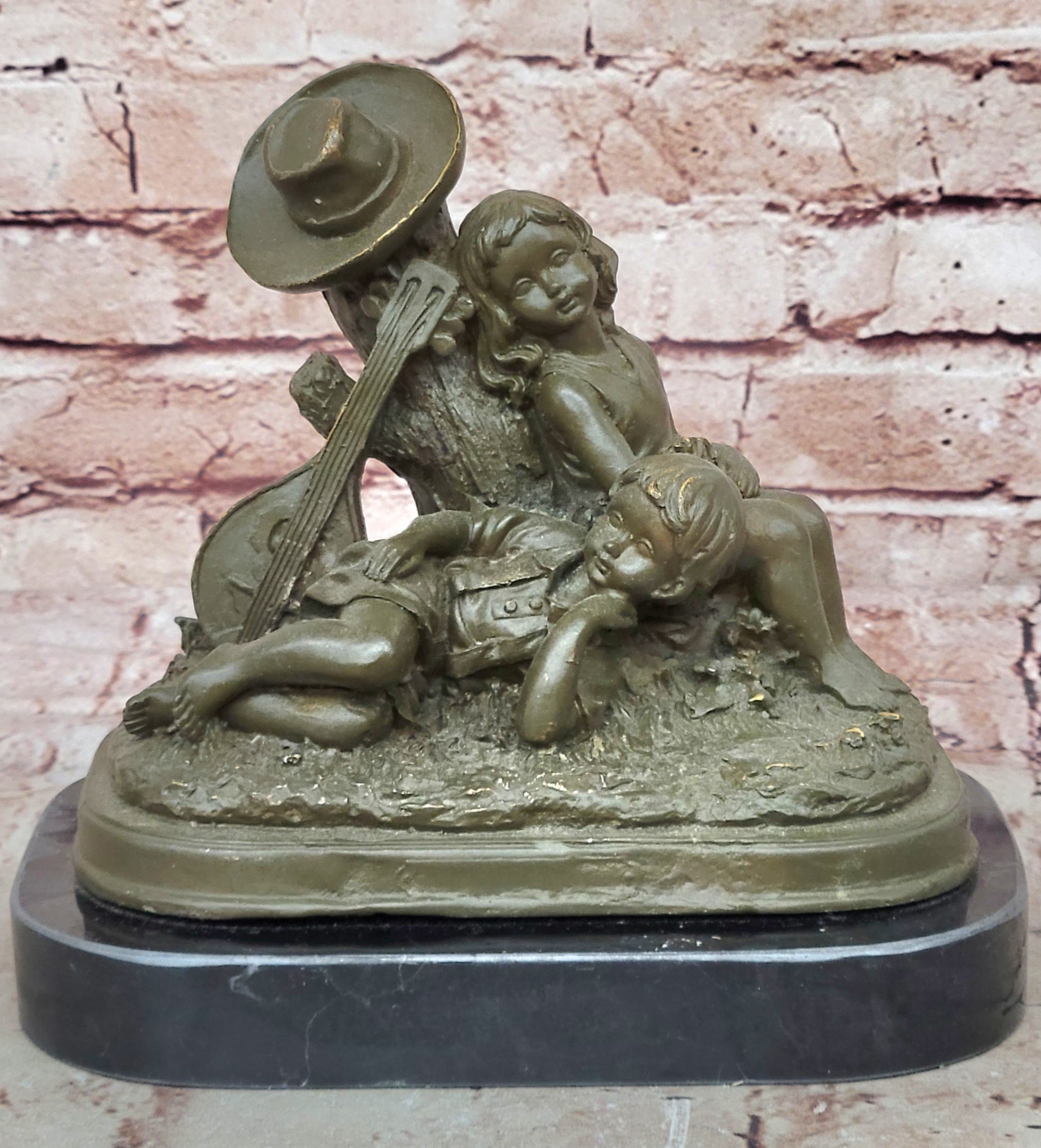 Hand Made Bronze Sculpture Statue Children Resting Figurine by J Patoue
