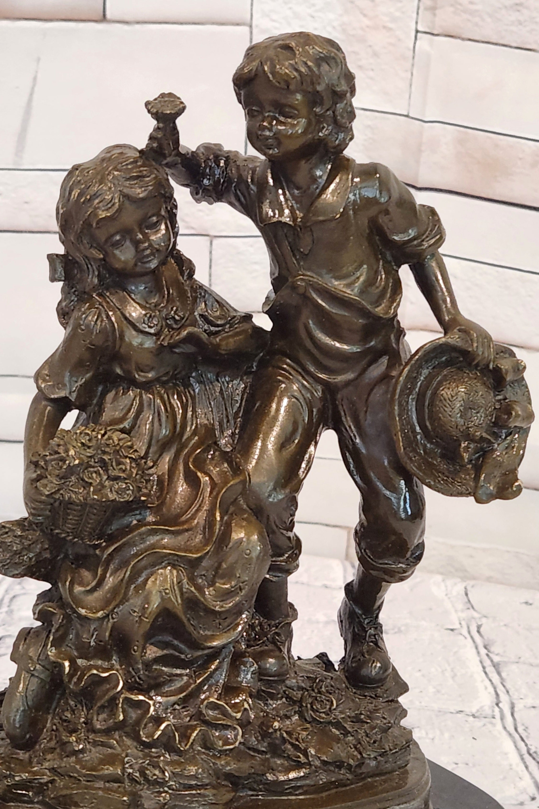 Bronze Boy and Girl Sculpture by Patoue Children Sibling Figurine Fine Art Statue