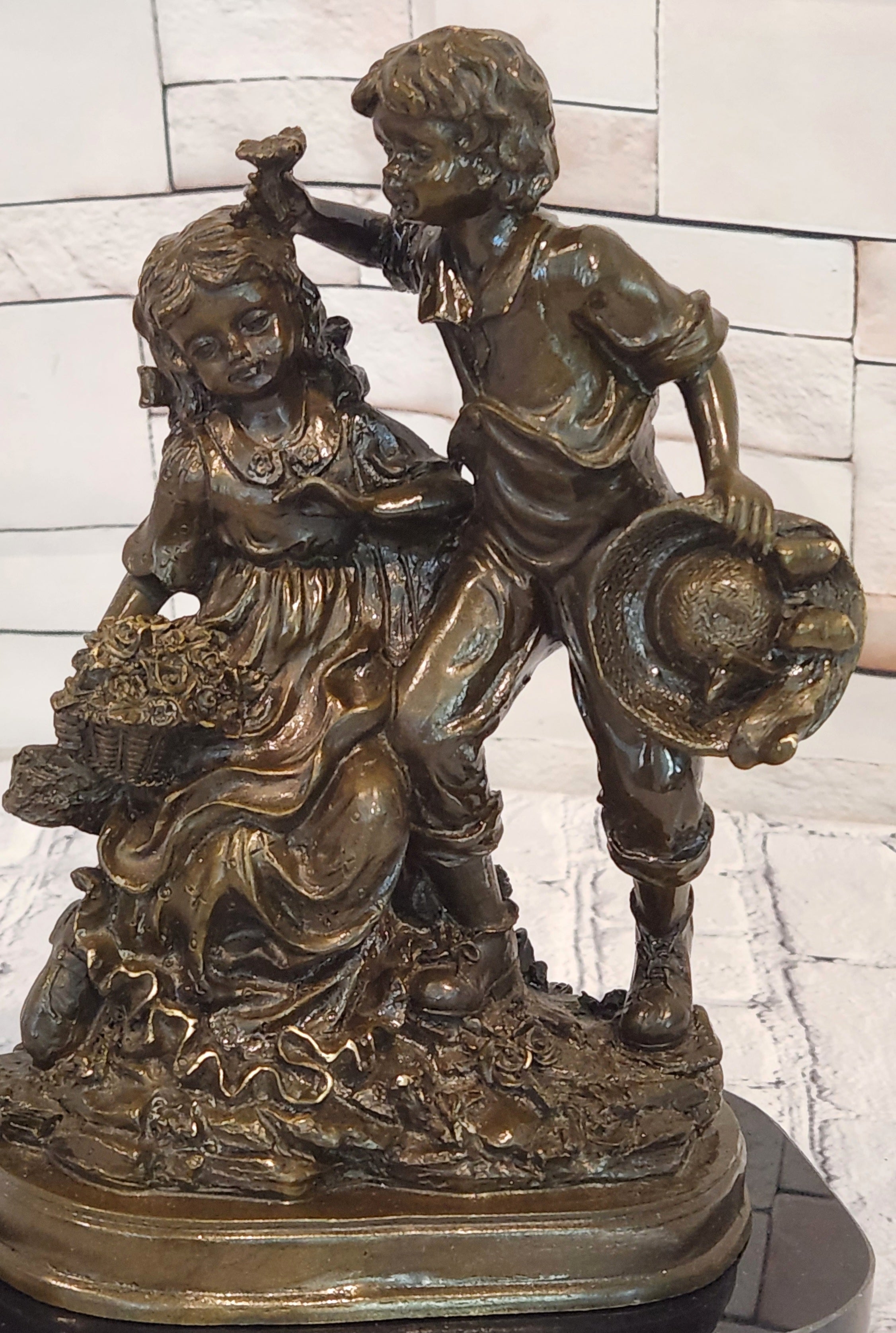 Bronze Boy and Girl Sculpture by Patoue Children Sibling Figurine Fine Art Statue