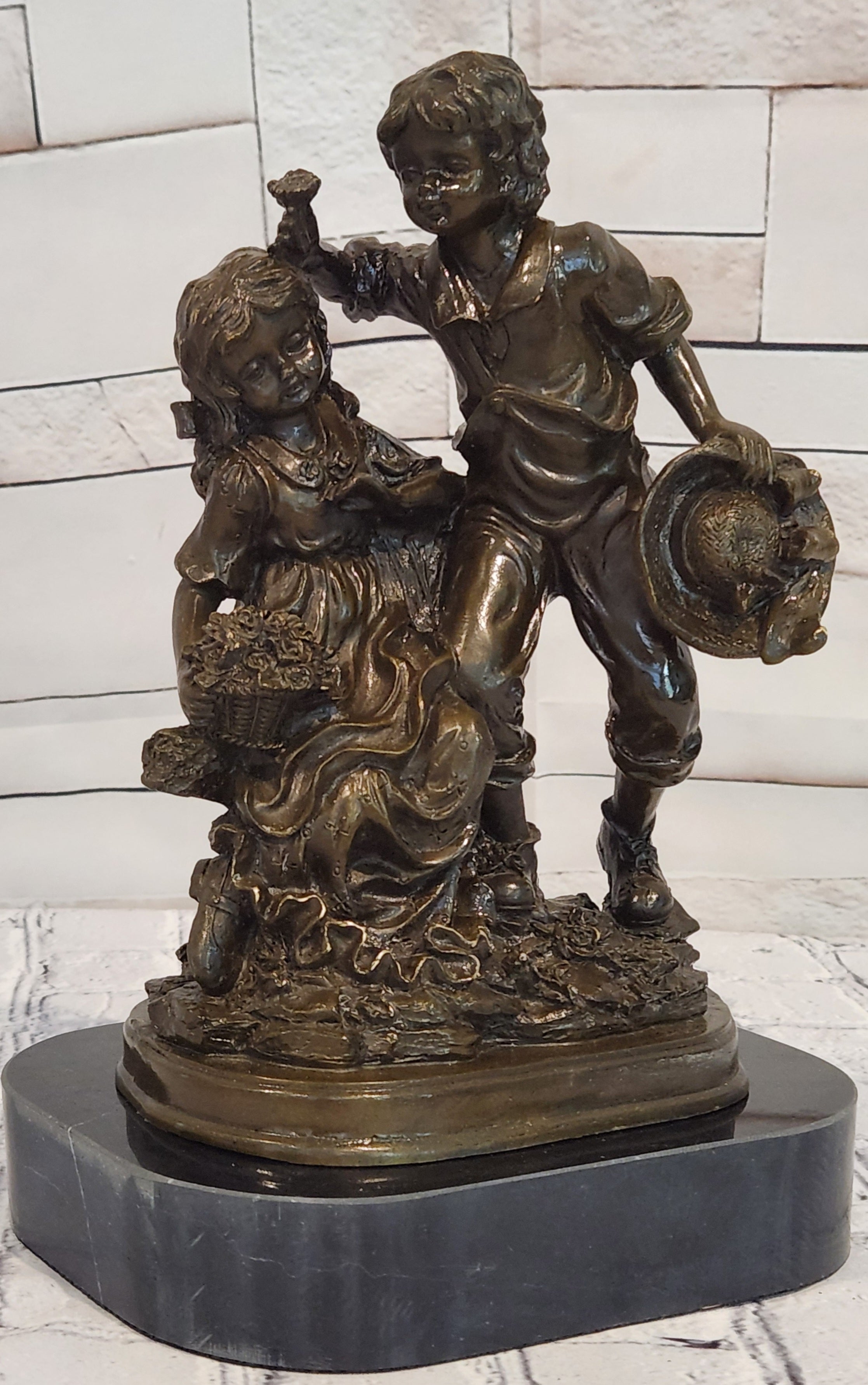 Bronze Boy and Girl Sculpture by Patoue Children Sibling Figurine Fine Art Statue