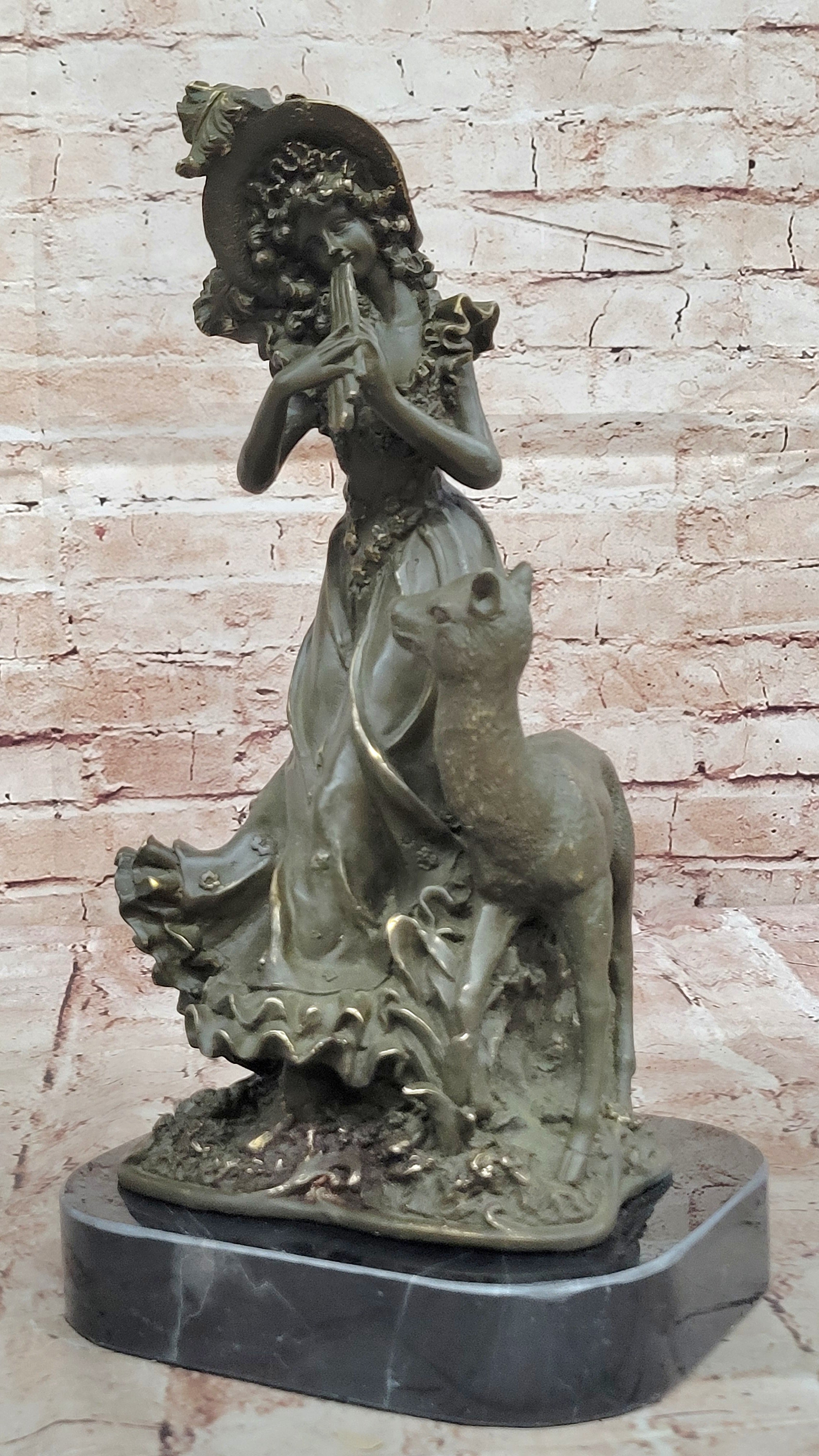 Hot Cast Bronze Sculpture Statue of Victorian Girl and Deer Art Deco Theme Decor