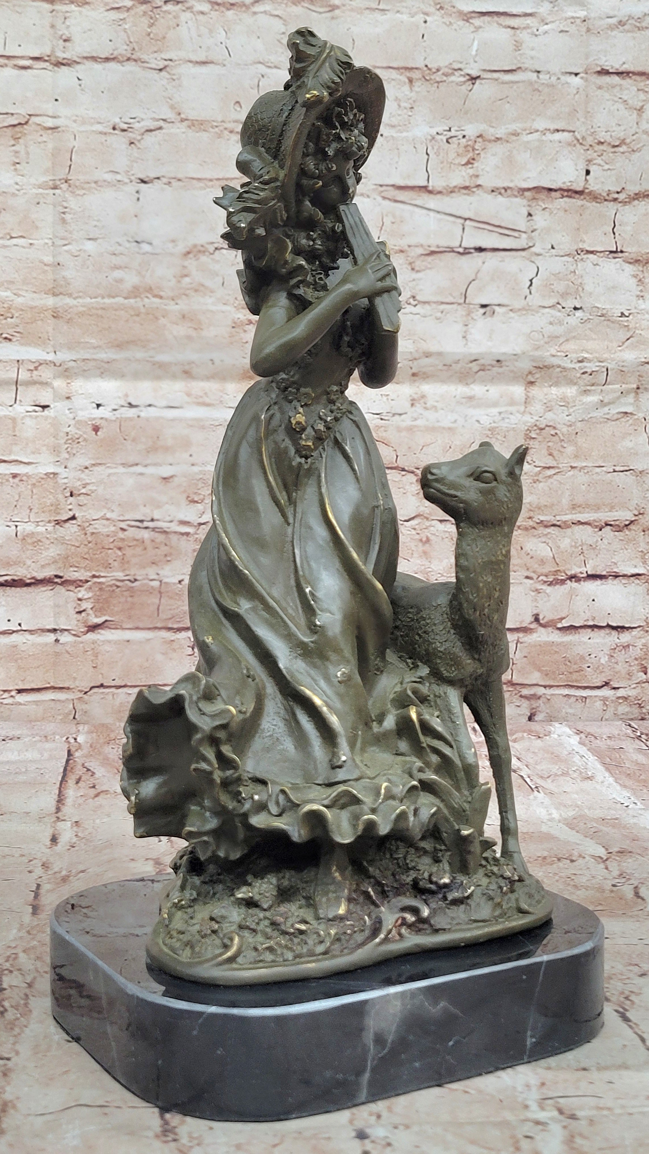 Hot Cast Bronze Sculpture Statue of Victorian Girl and Deer Art Deco Theme Decor