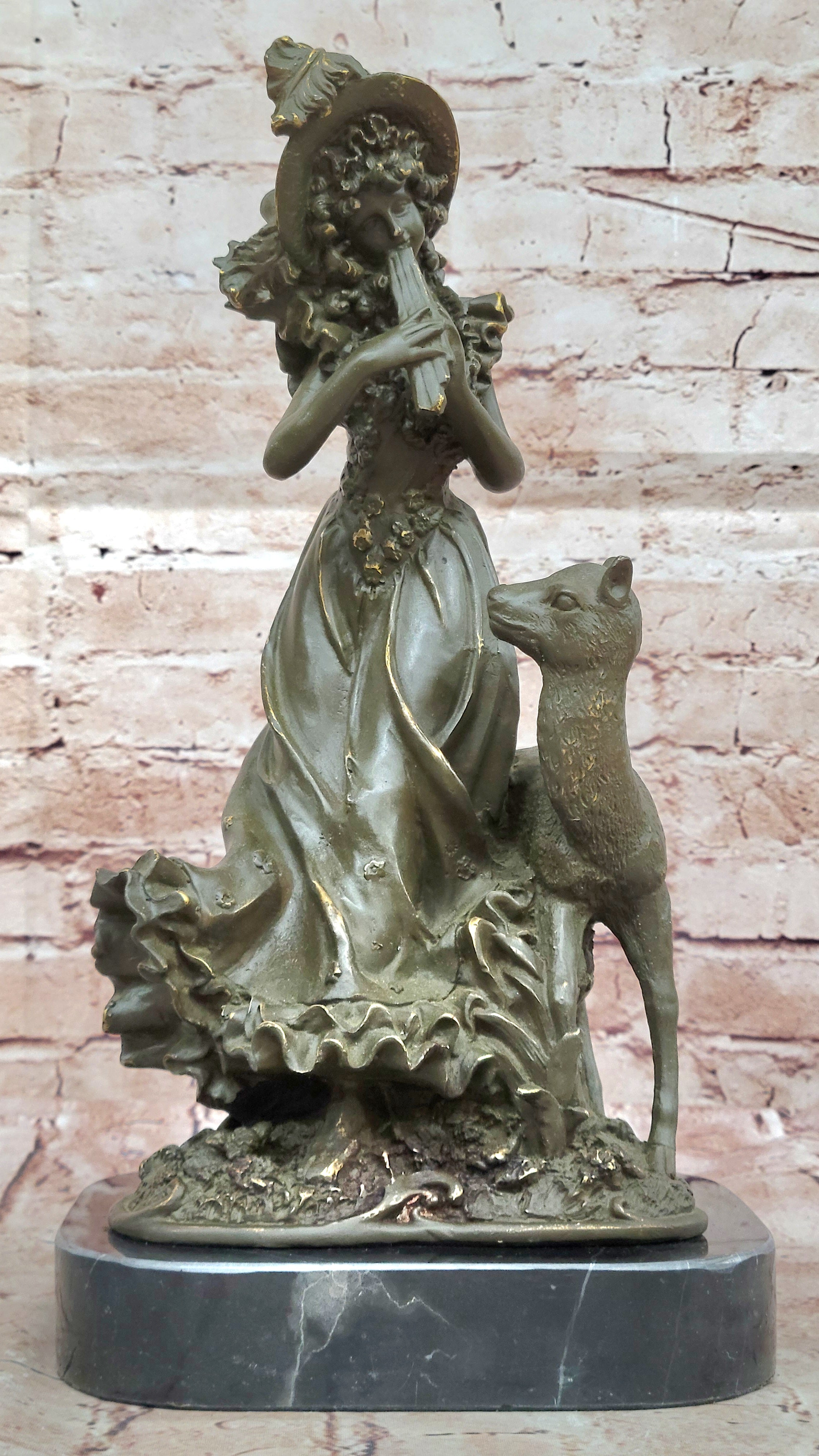 Hot Cast Bronze Sculpture Statue of Victorian Girl and Deer Art Deco Theme Decor