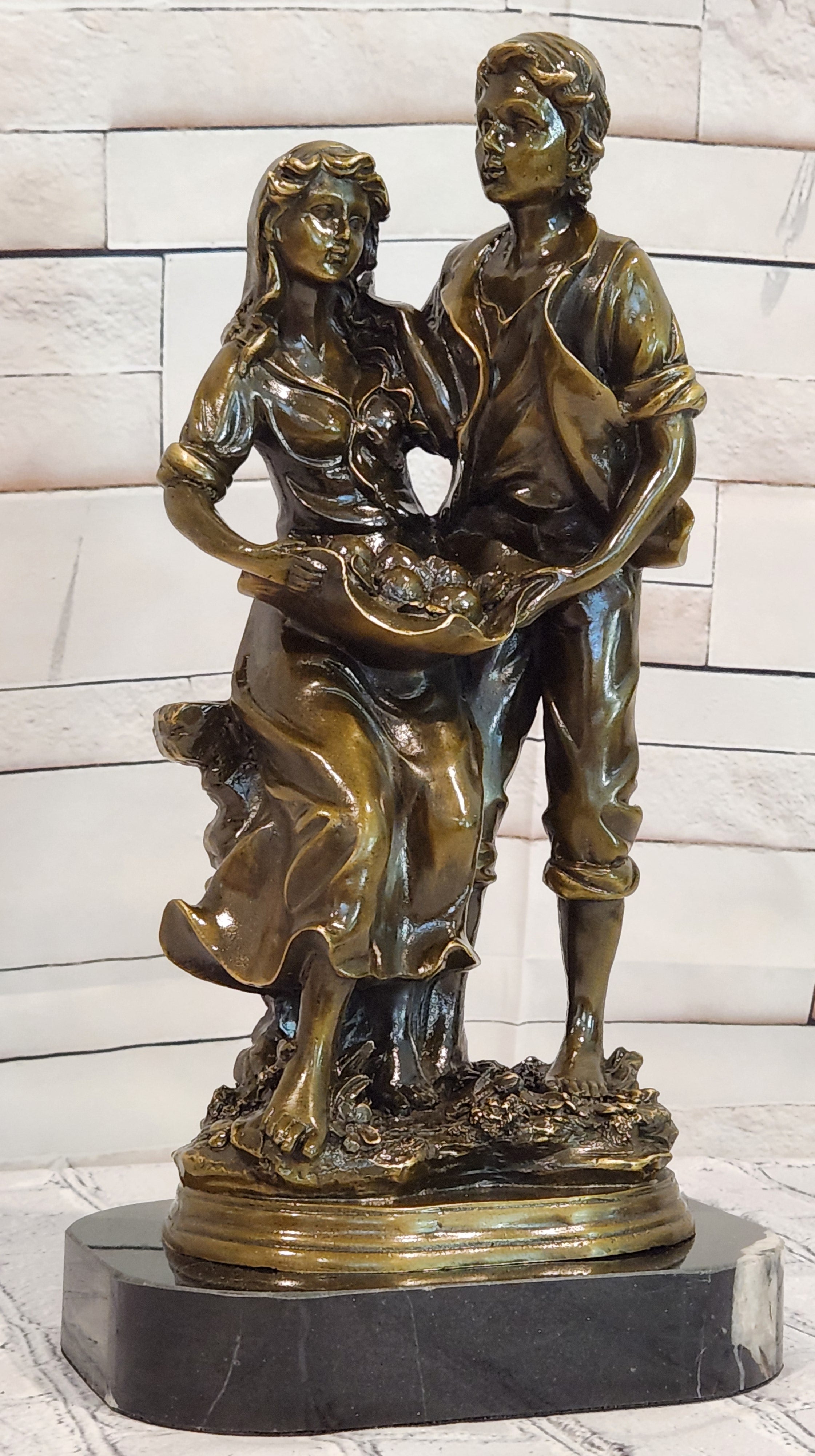 Bronze Harvest Couple Sculpture Cesaro Rustic Romance Farm Scene Collectible Artwork