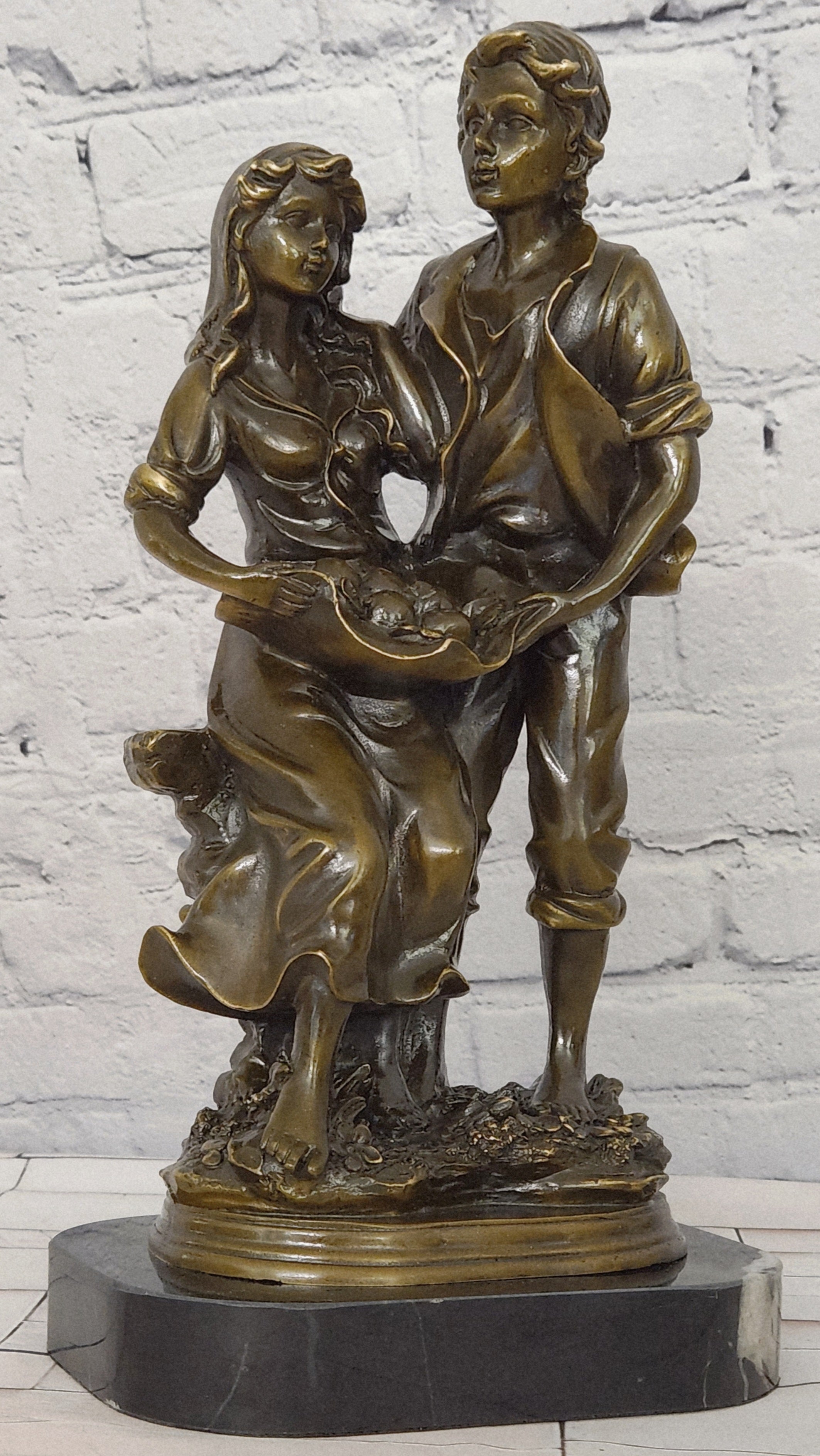 Bronze Harvest Couple Sculpture Cesaro Rustic Romance Farm Scene Collectible Artwork