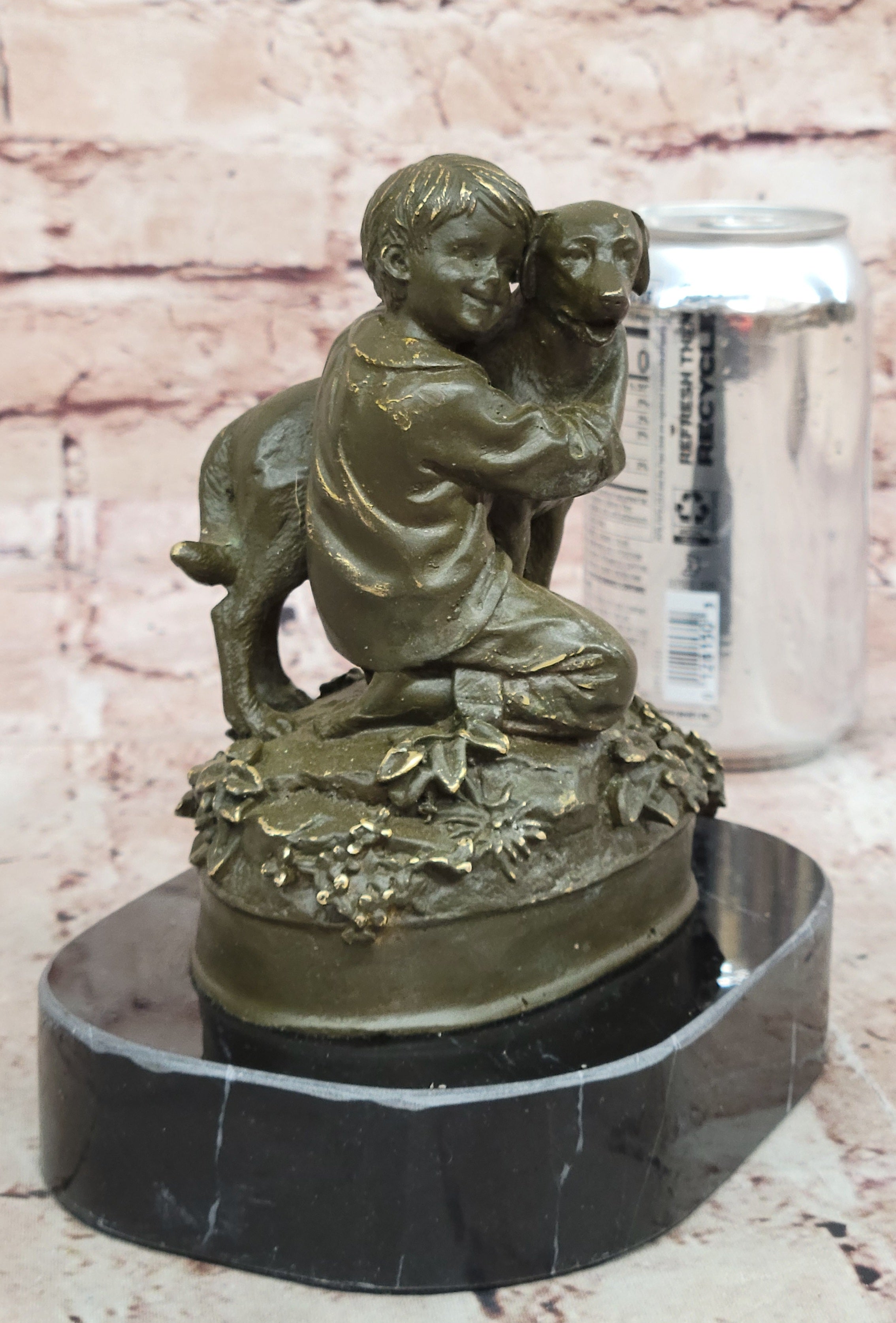Bronze Sculpture Statue of Young Boy and Dog by M. Lopez Nursery or Bedroom Decor