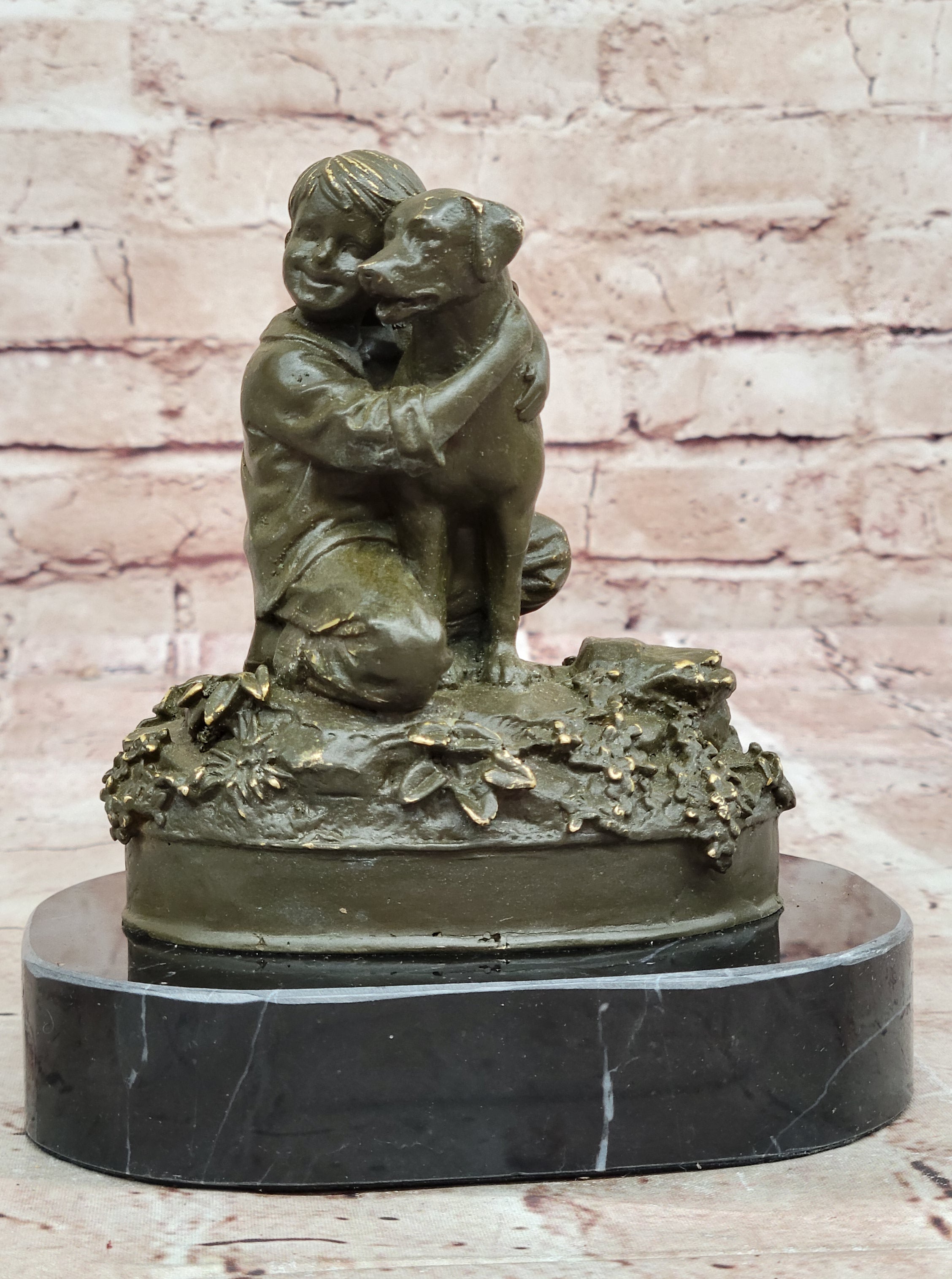 Bronze Sculpture Statue of Young Boy and Dog by M. Lopez Nursery or Bedroom Decor