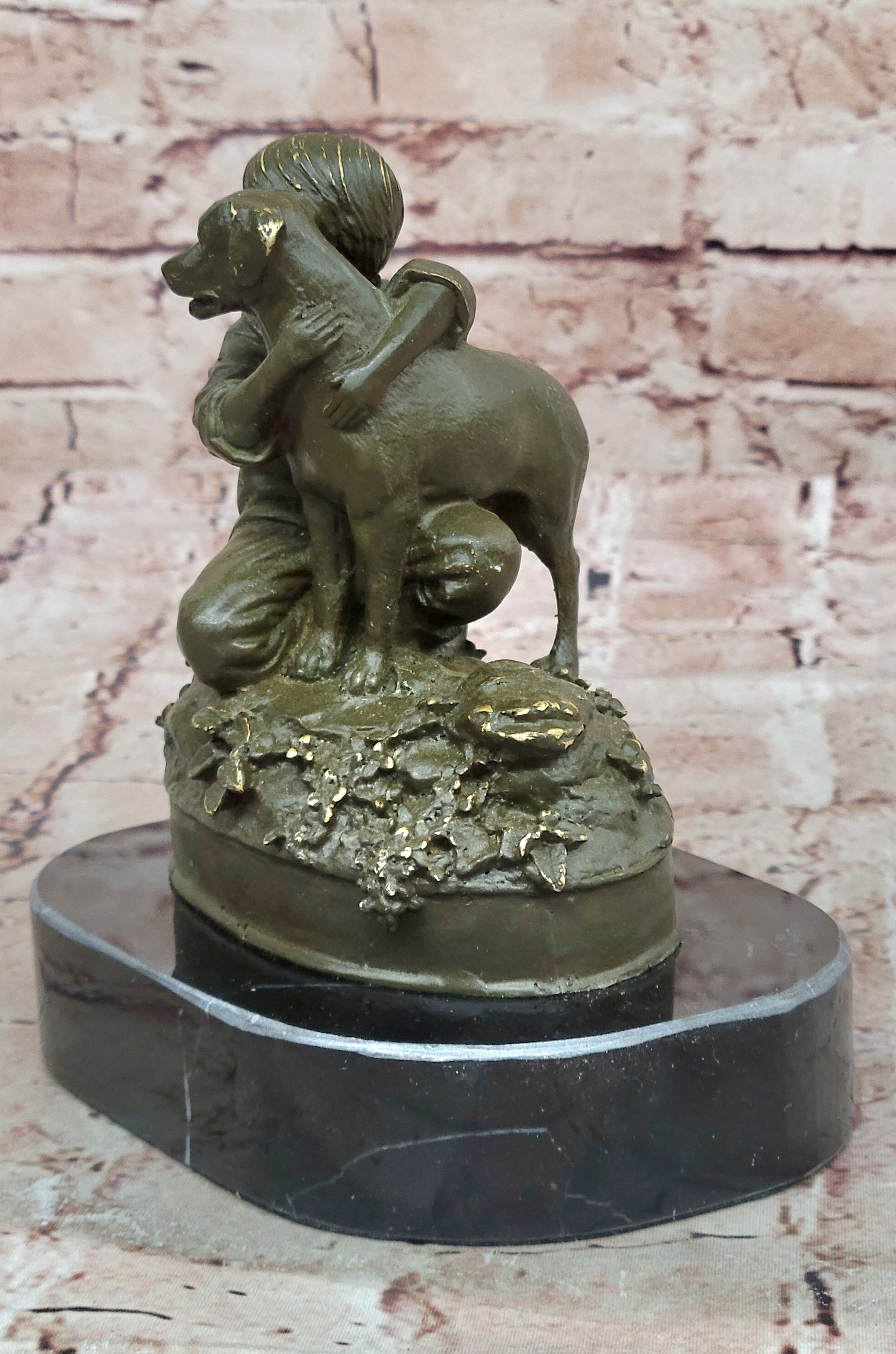 Bronze Sculpture Statue of Young Boy and Dog by M. Lopez Nursery or Bedroom Decor