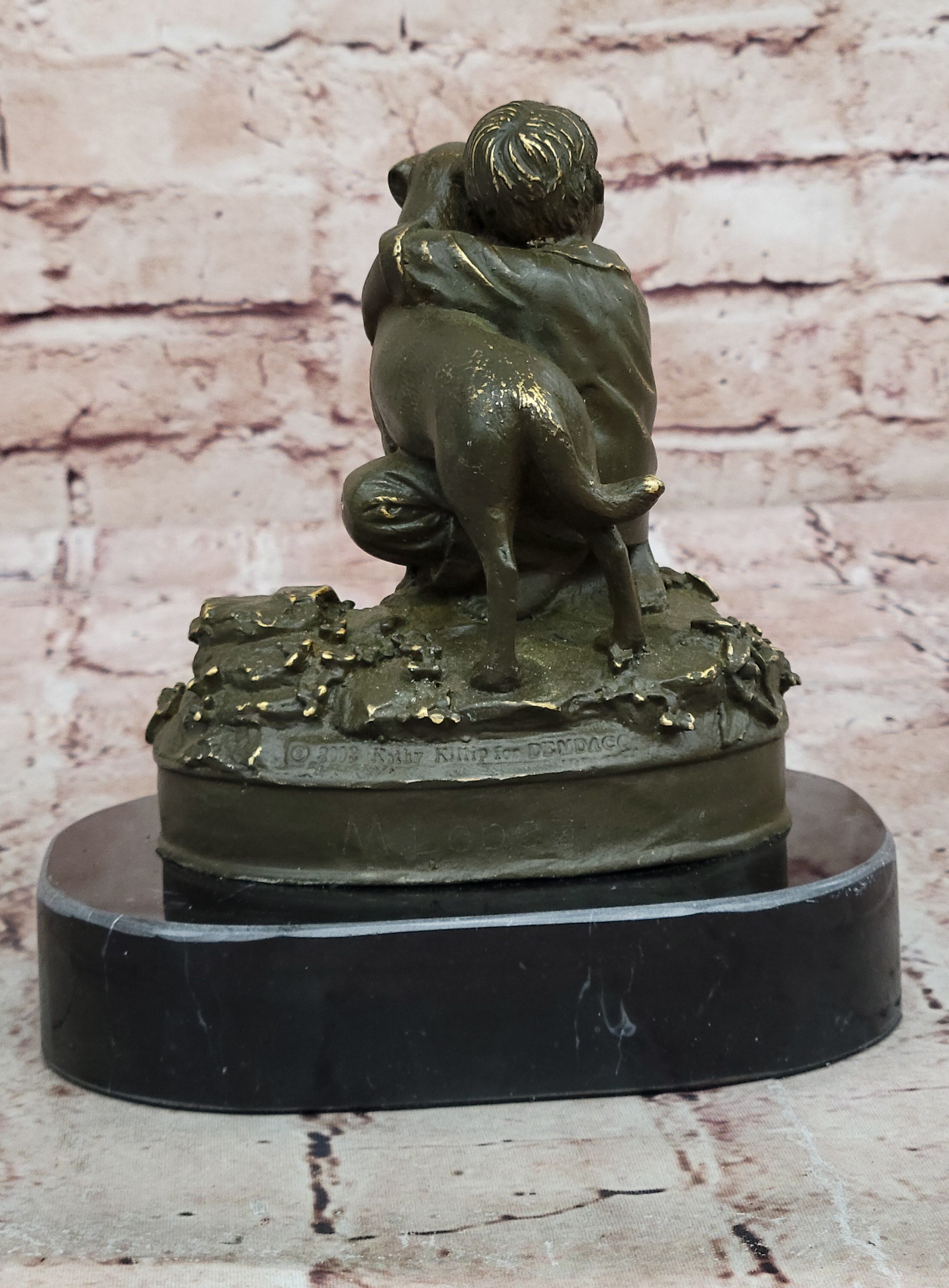 Bronze Sculpture Statue of Young Boy and Dog by M. Lopez Nursery or Bedroom Decor