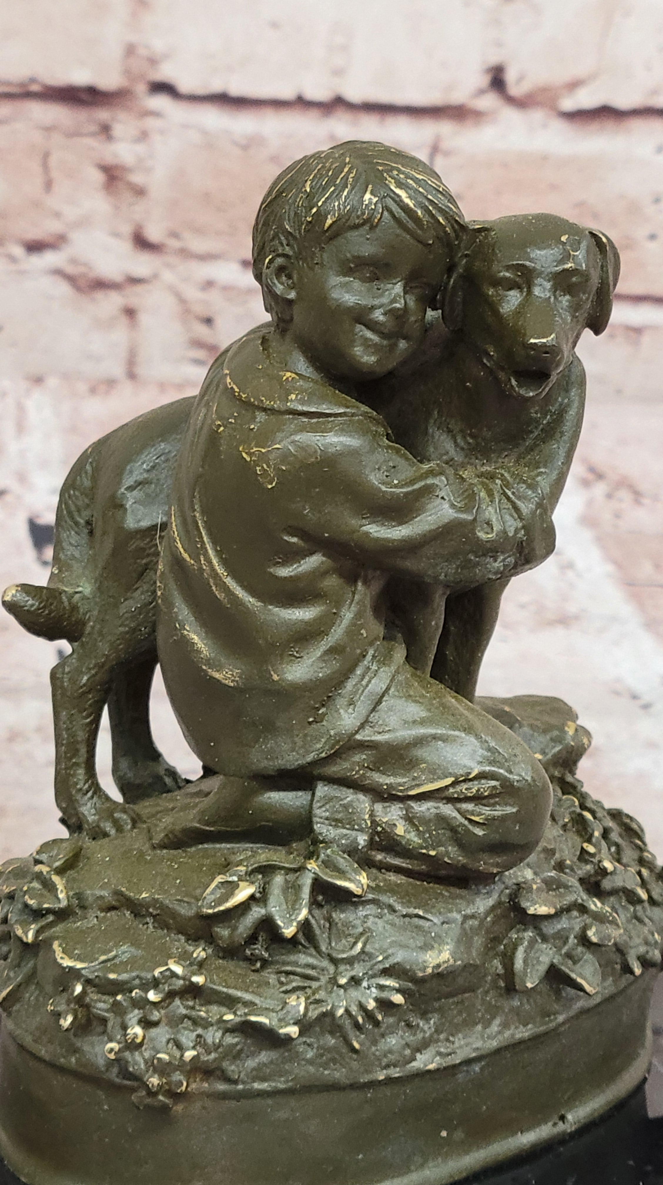 Bronze Sculpture Statue of Young Boy and Dog by M. Lopez Nursery or Bedroom Decor