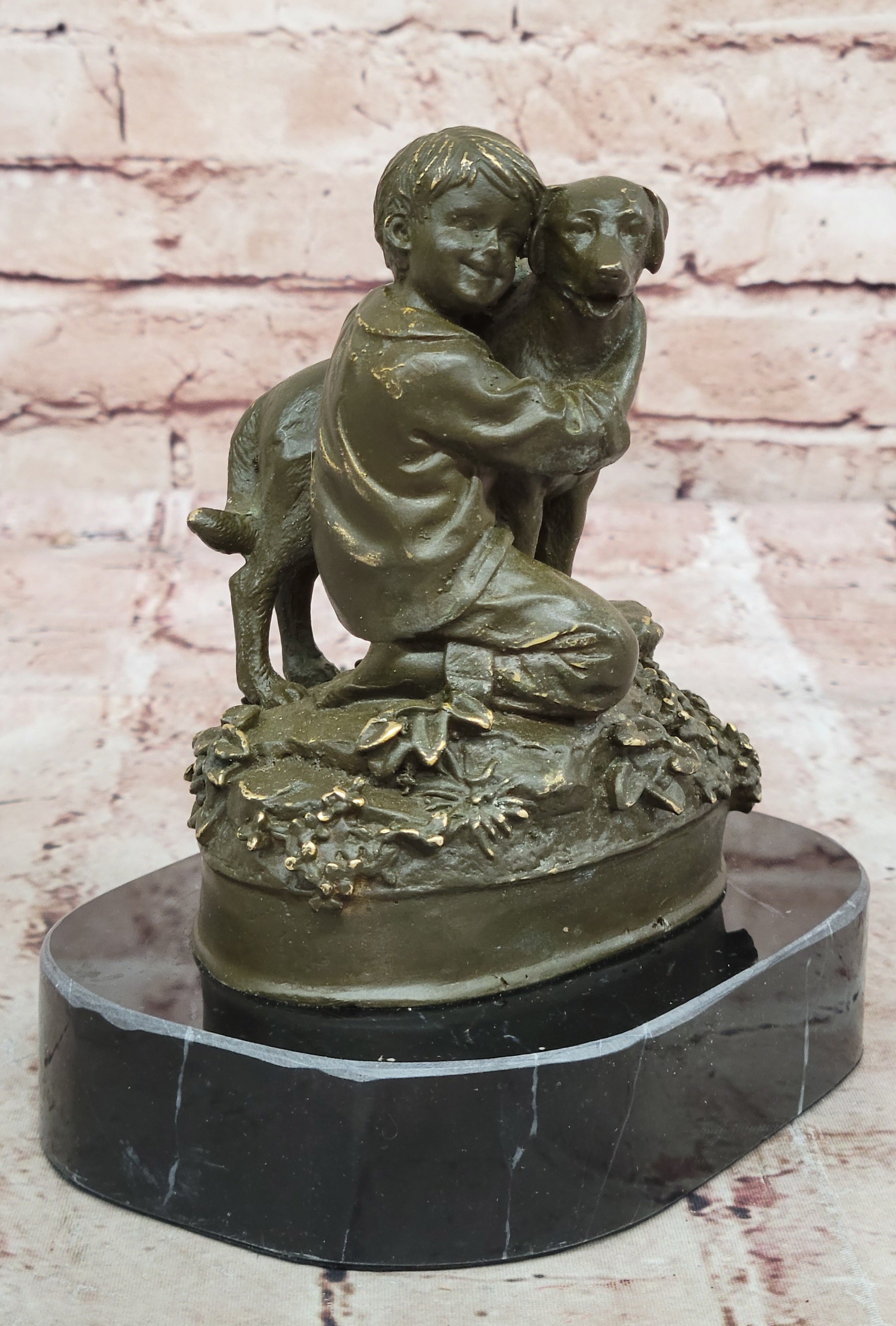 Bronze Sculpture Statue of Young Boy and Dog by M. Lopez Nursery or Bedroom Decor