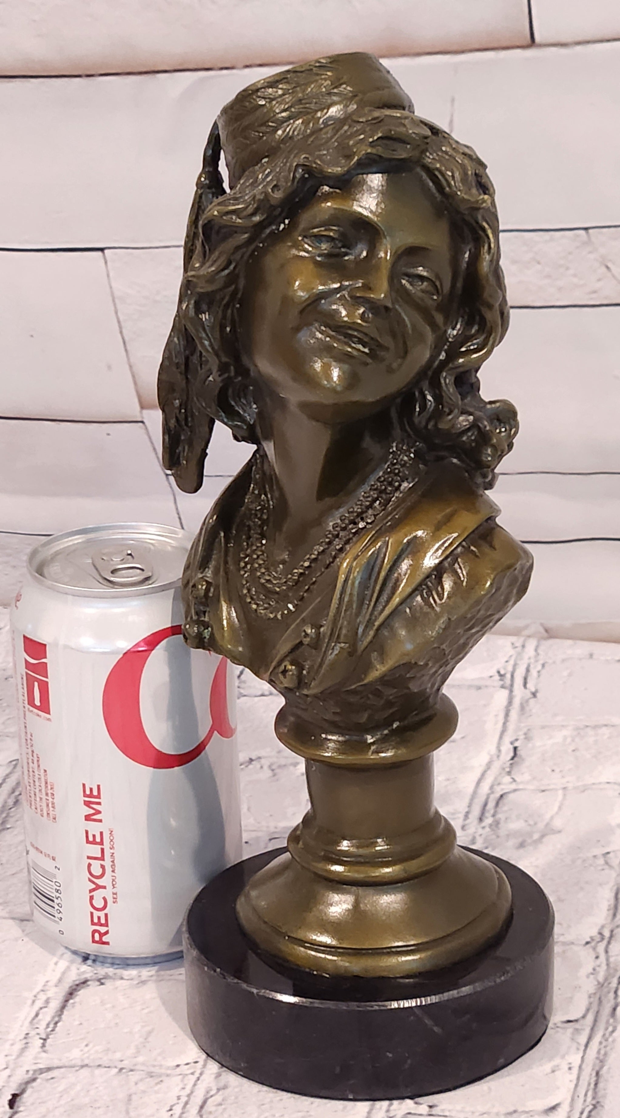 Signed M. Lopez Bronze Bust Sculpture Smiling Lady Art Deco Collectible Statue