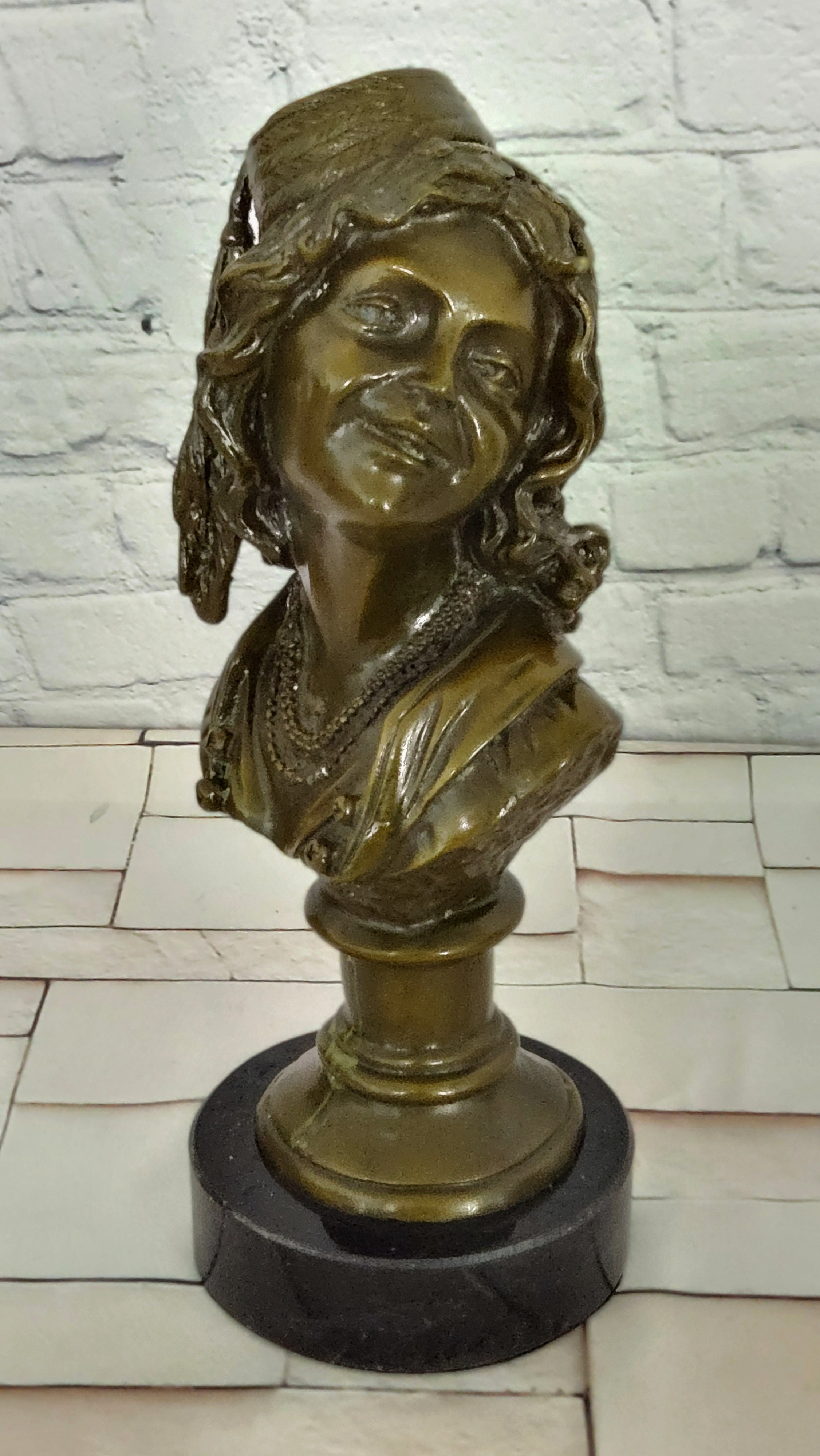 Signed M. Lopez Bronze Bust Sculpture Smiling Lady Art Deco Collectible Statue