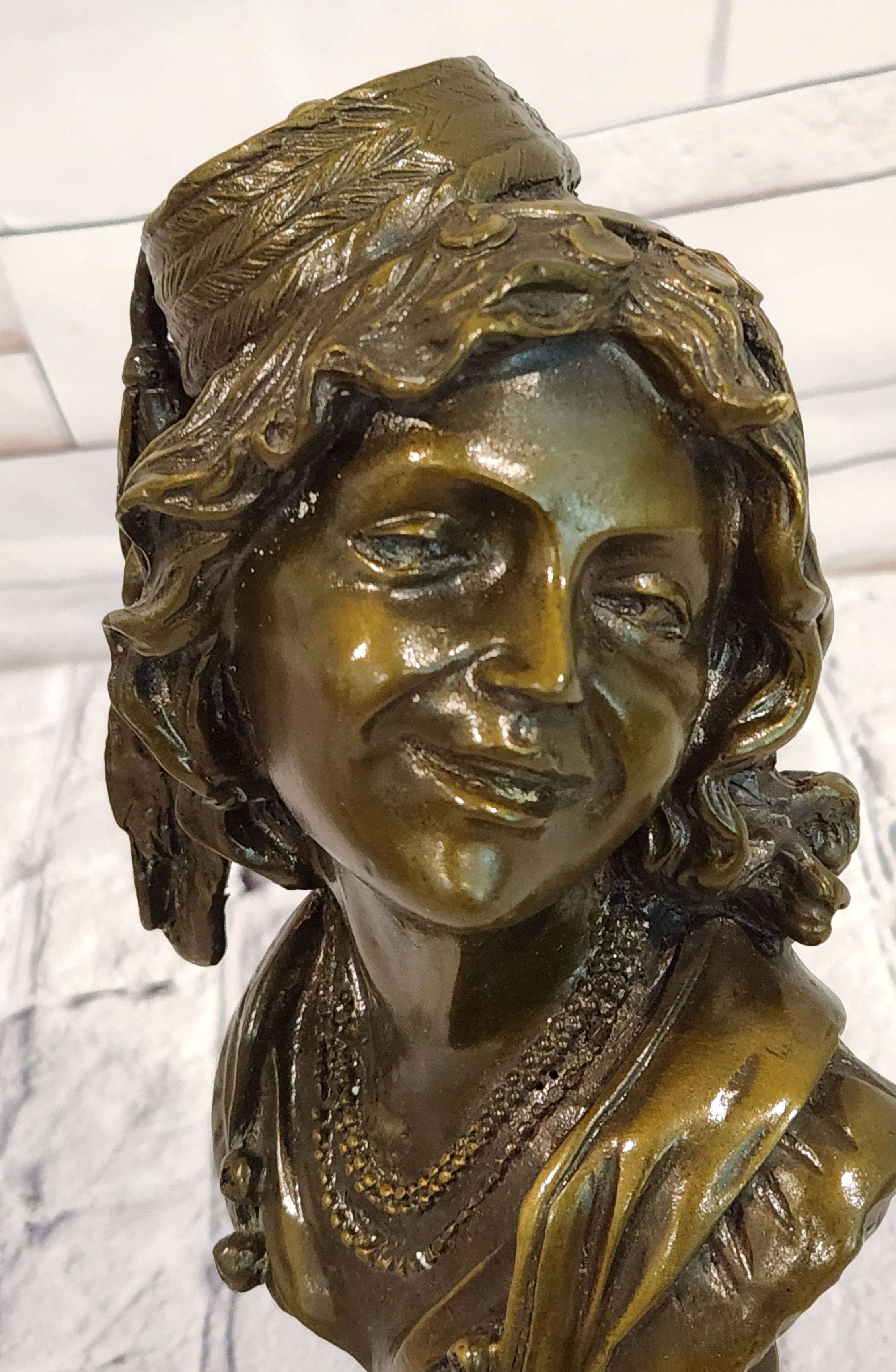 Signed M. Lopez Bronze Bust Sculpture Smiling Lady Art Deco Collectible Statue