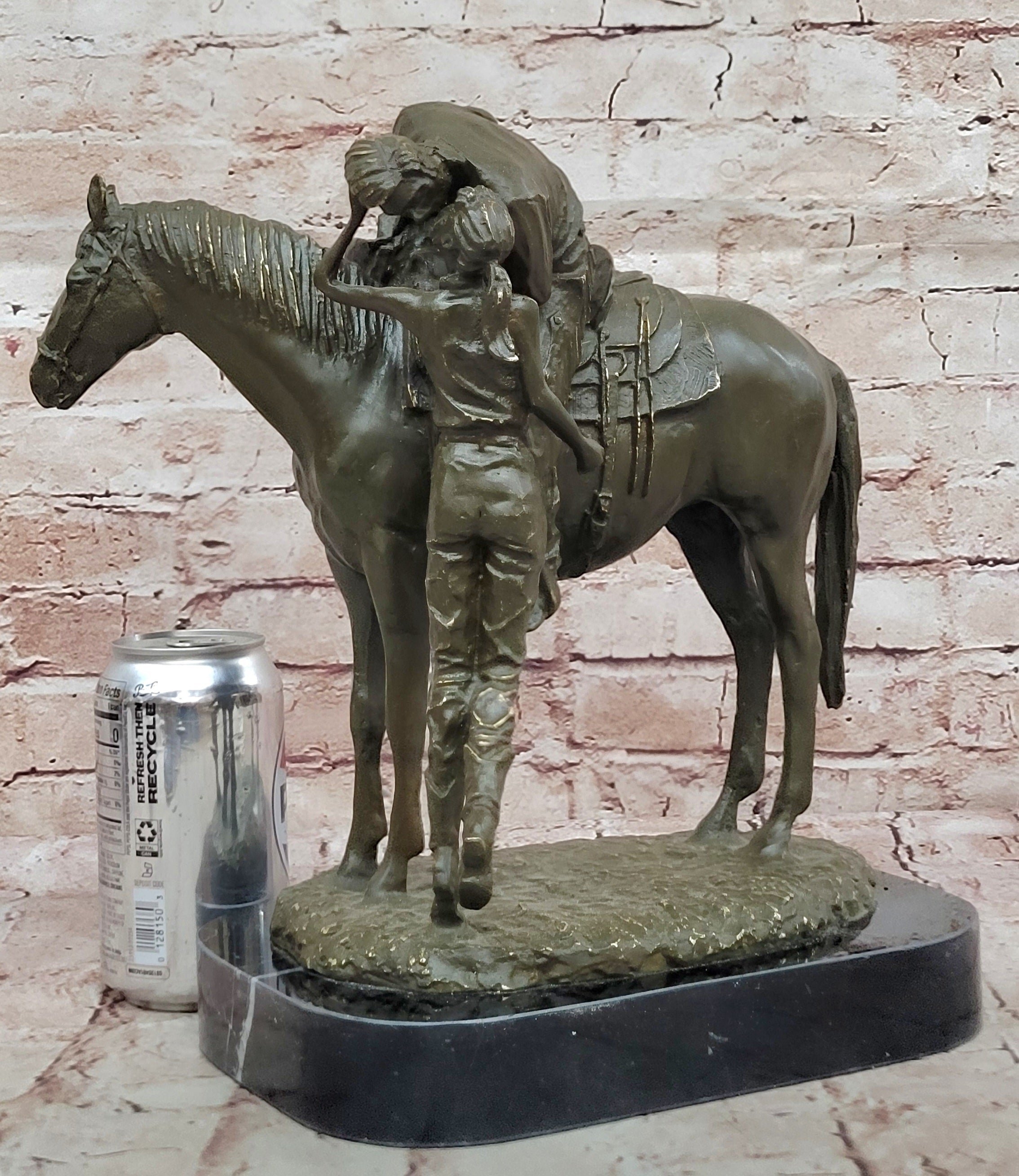 Bronze Sculpture Statue of Cowboy on Horse Kissing Lady Western Farm Decor Figurine