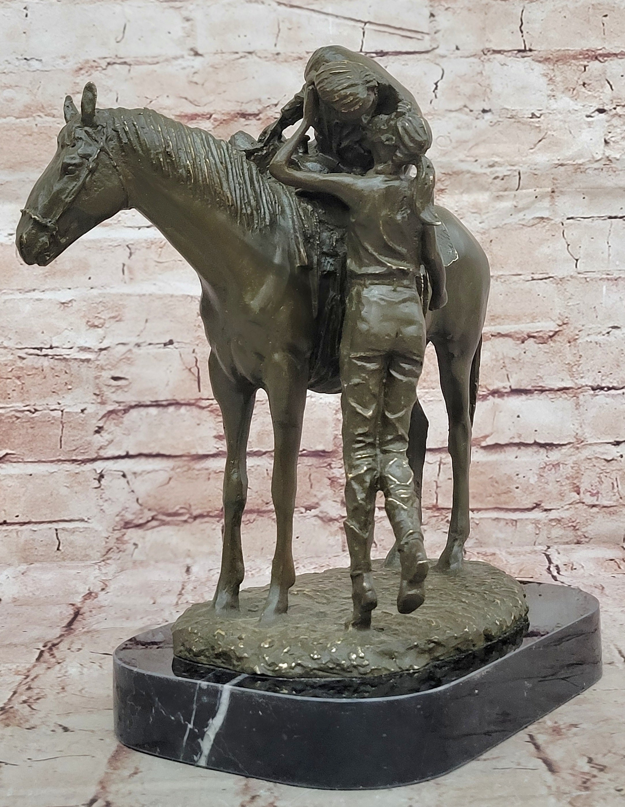 Bronze Sculpture Statue of Cowboy on Horse Kissing Lady Western Farm Decor Figurine