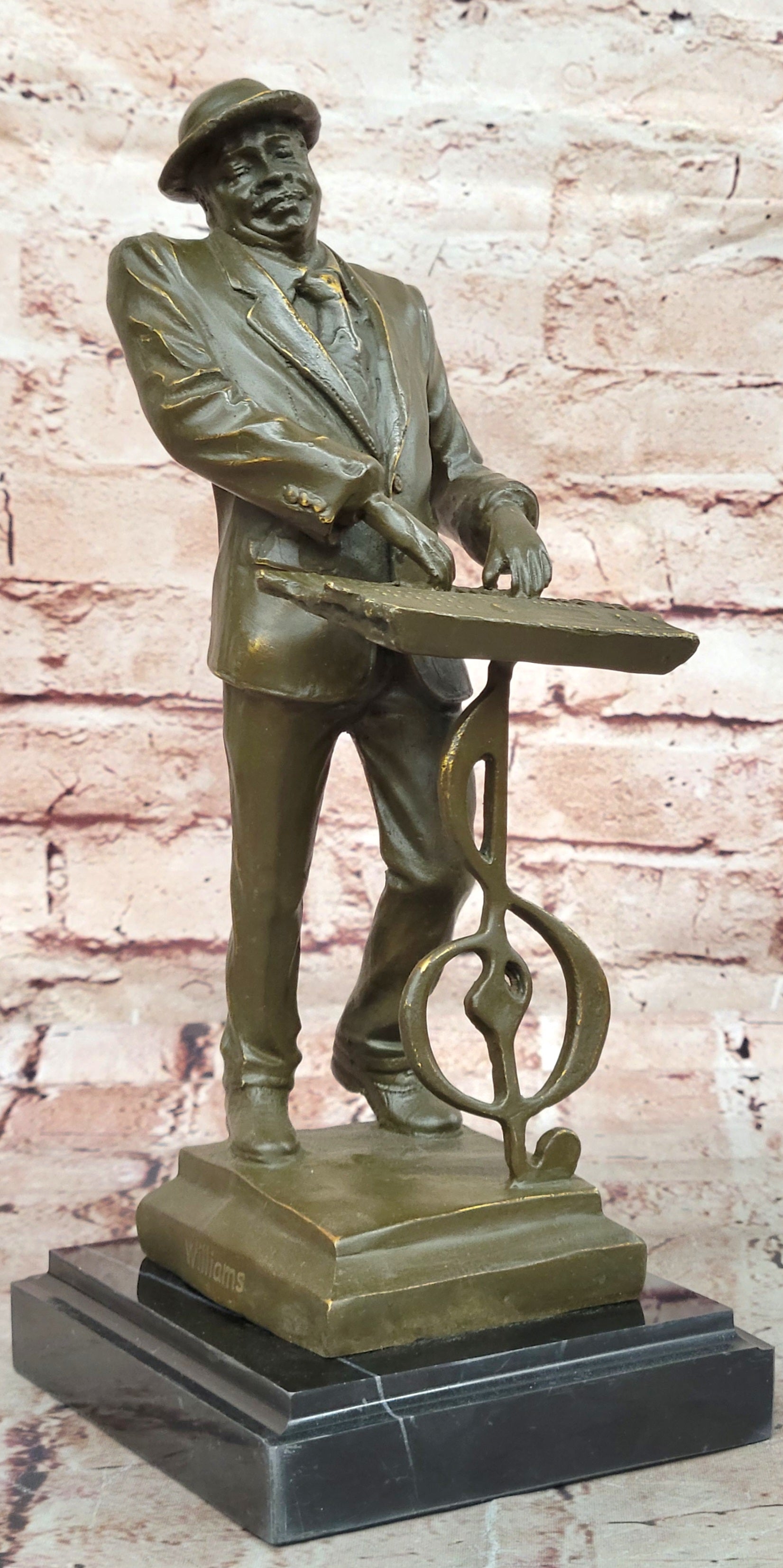 Signed Bronze Statue Black American Pianist Playing Keyboard Music Figurine by Williams