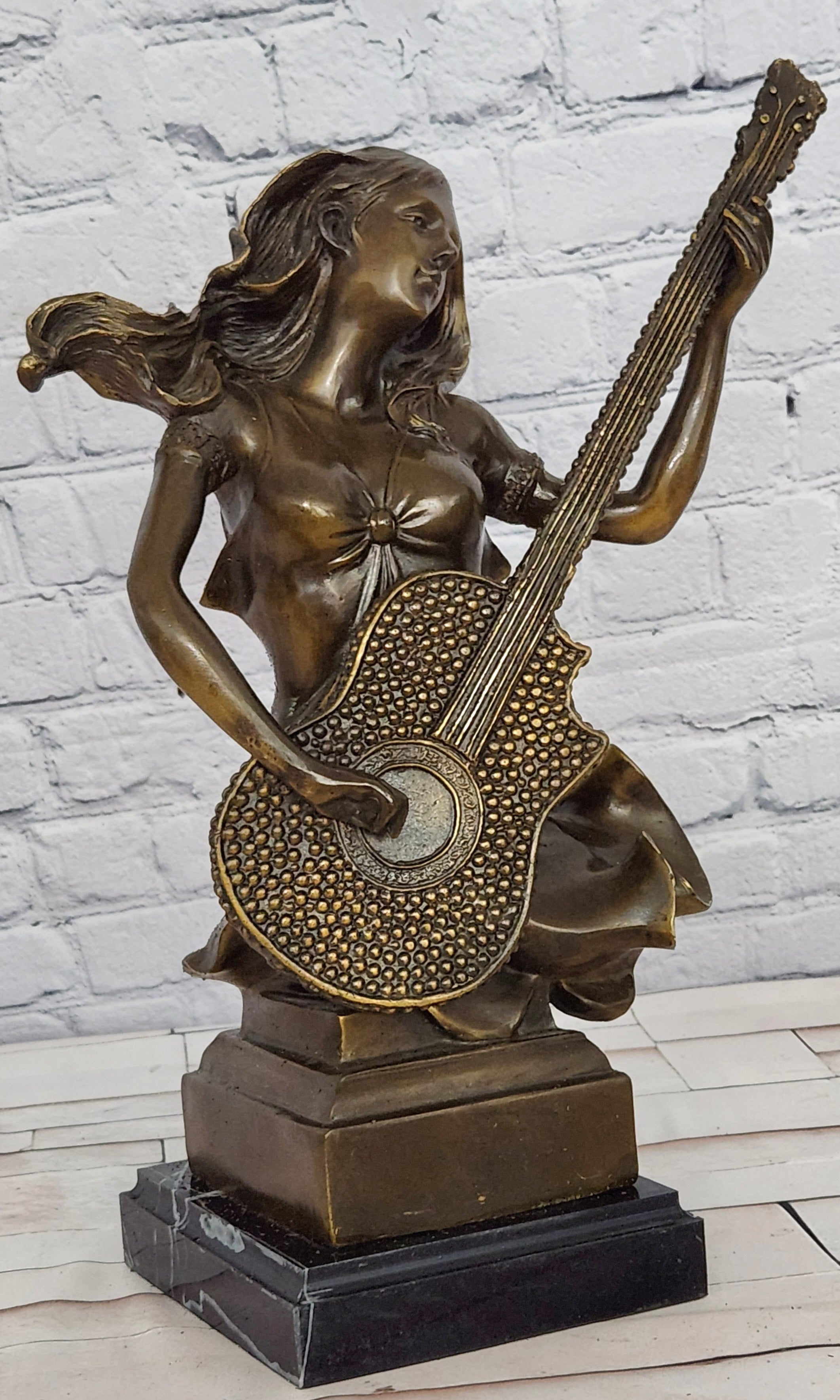 William Bronze Woman Guitar Bust Sculpture Musician Female Figurine Home Studio Decor