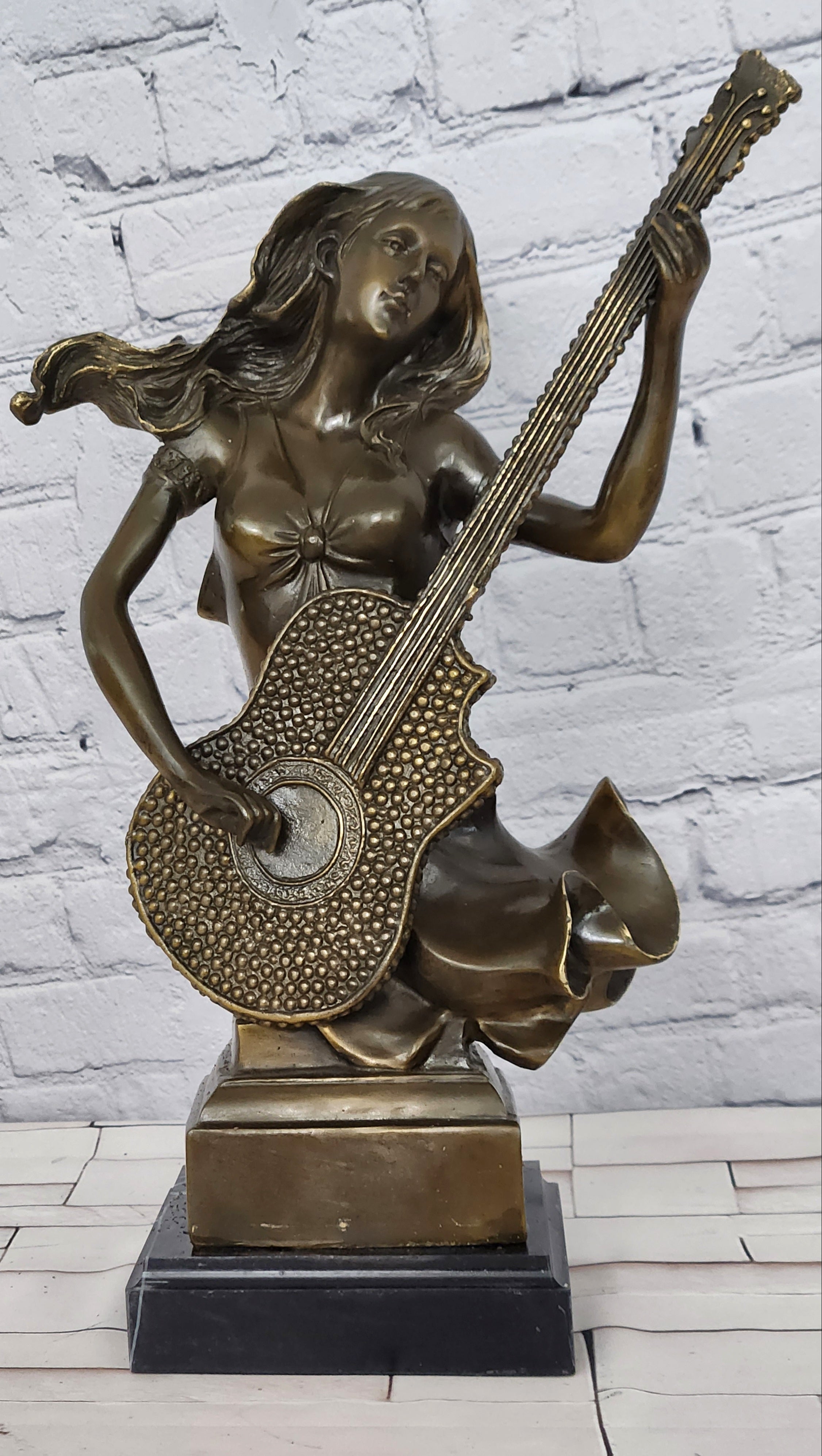William Bronze Woman Guitar Bust Sculpture Musician Female Figurine Home Studio Decor