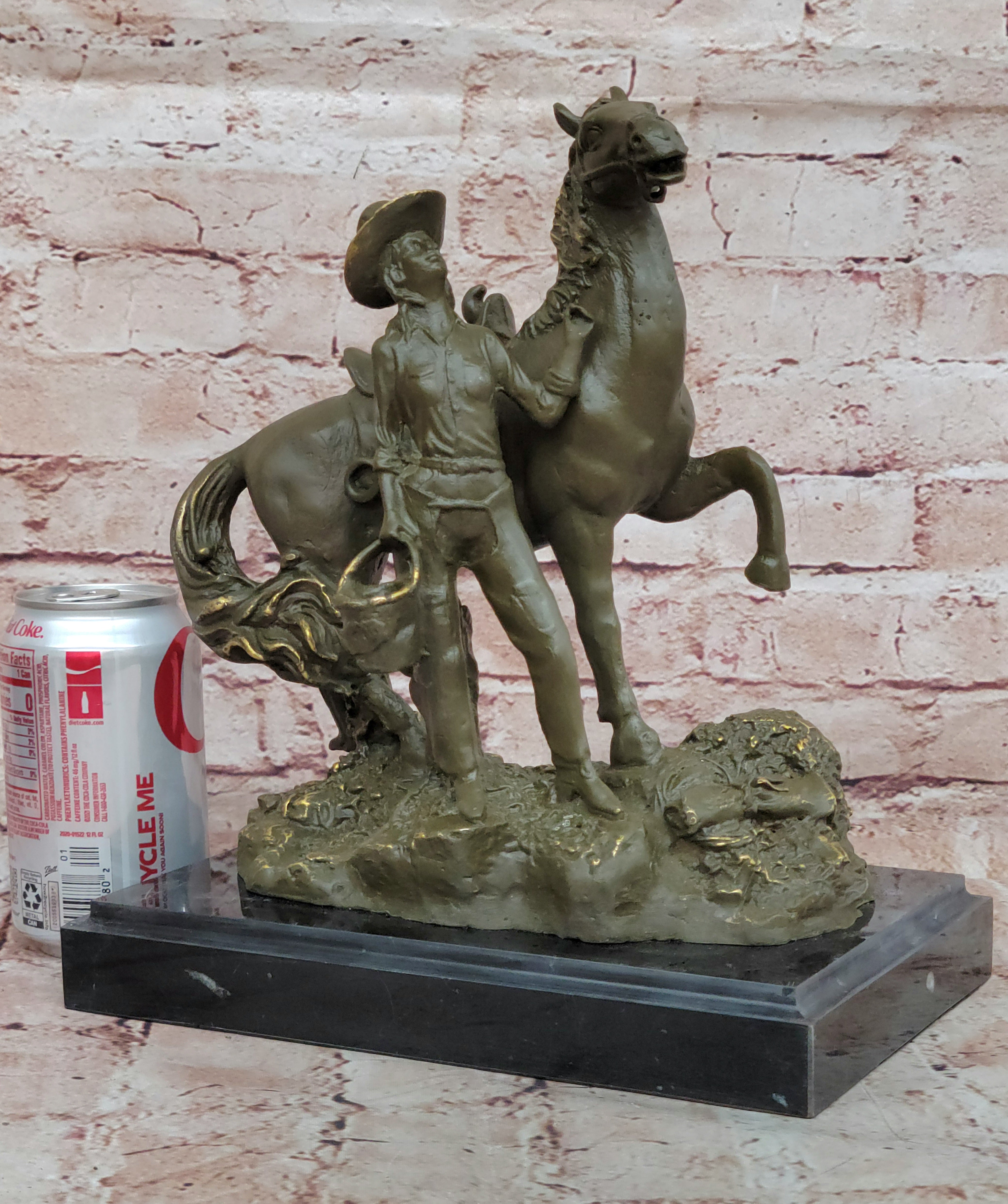 Hand Made Bronze Cowgirl Statue Sculpture with Horse Old West Theme Signed J Patoue Figurine