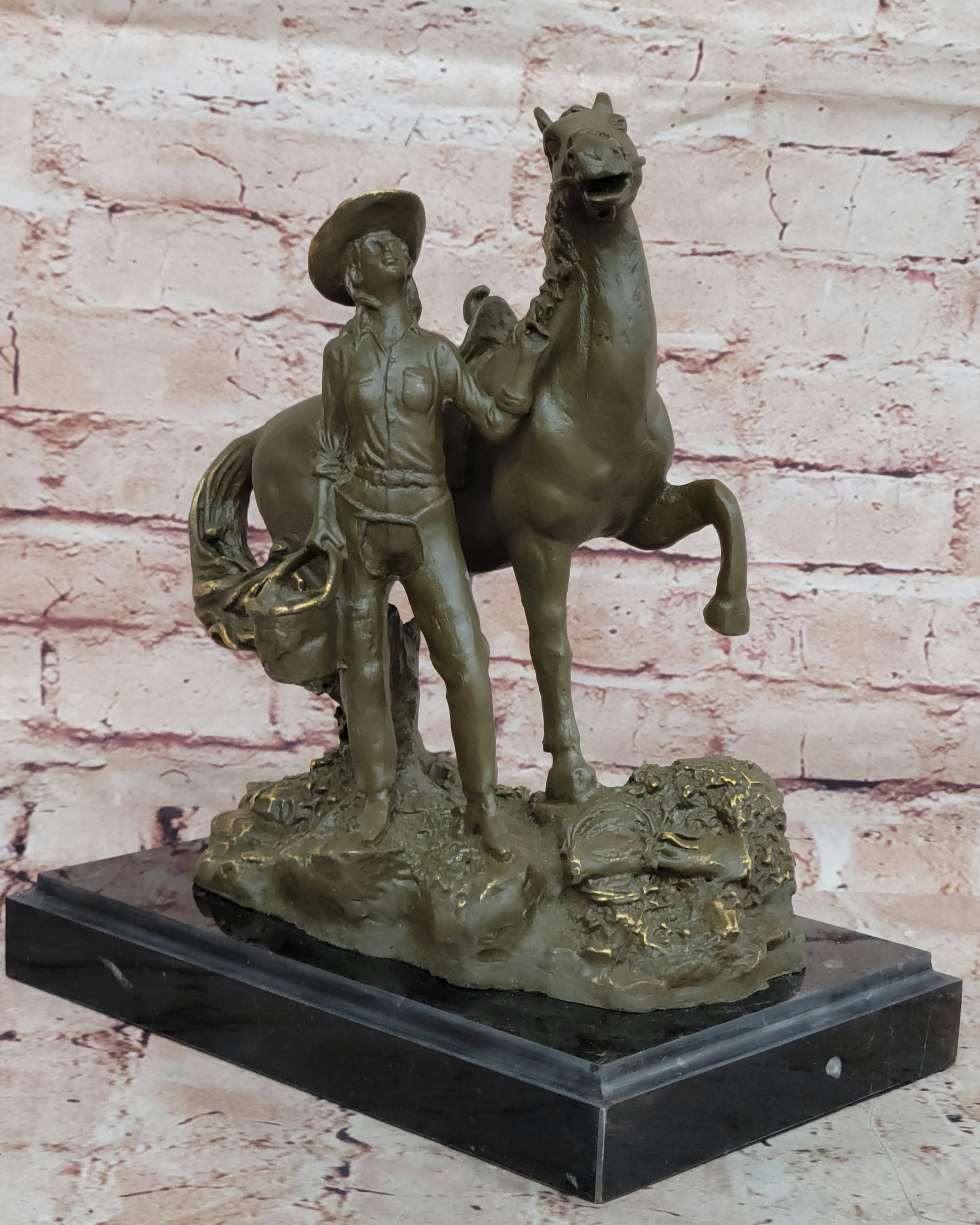 Hand Made Bronze Cowgirl Statue Sculpture with Horse Old West Theme Signed J Patoue Figurine