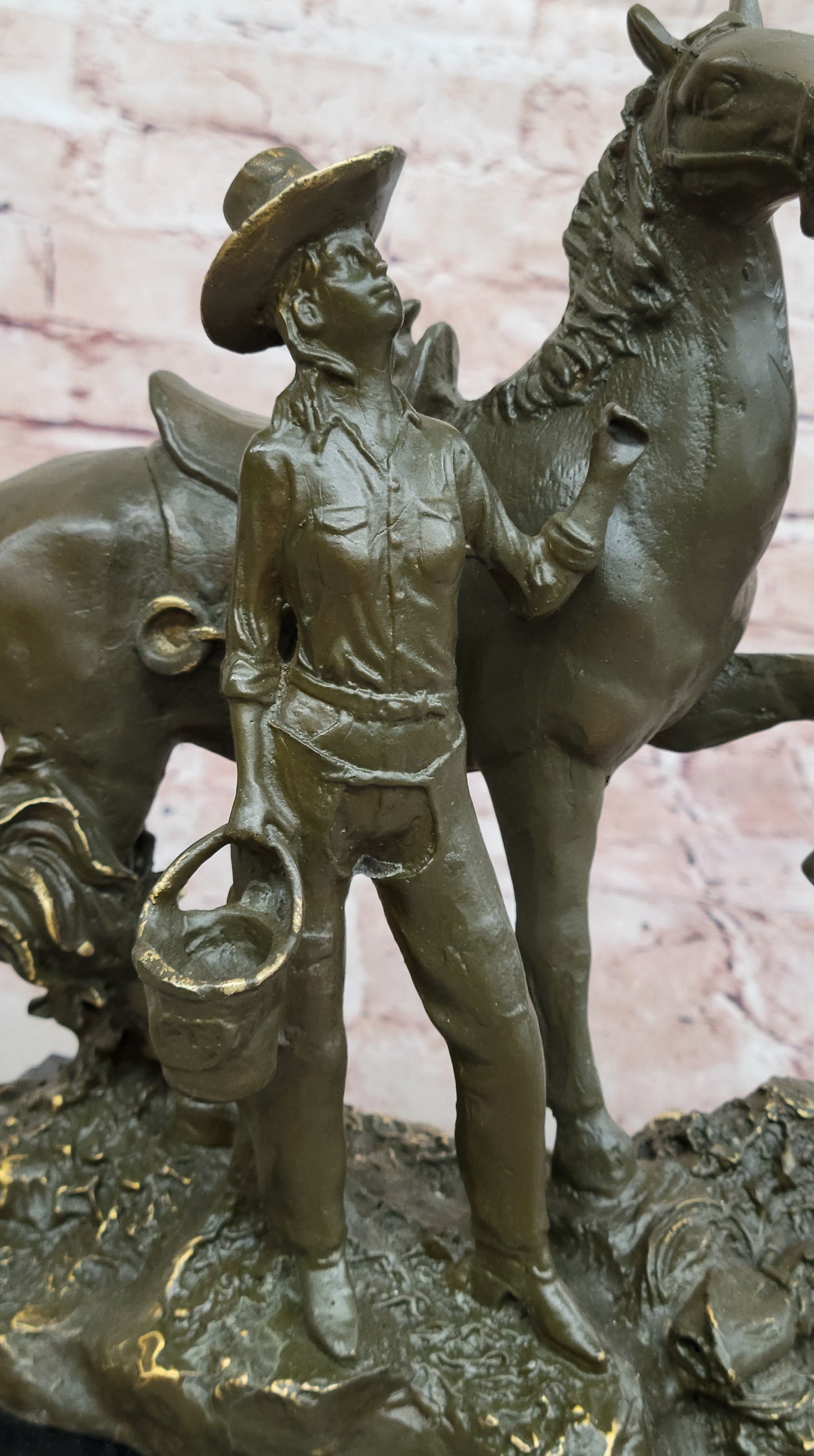 Hand Made Bronze Cowgirl Statue Sculpture with Horse Old West Theme Signed J Patoue Figurine