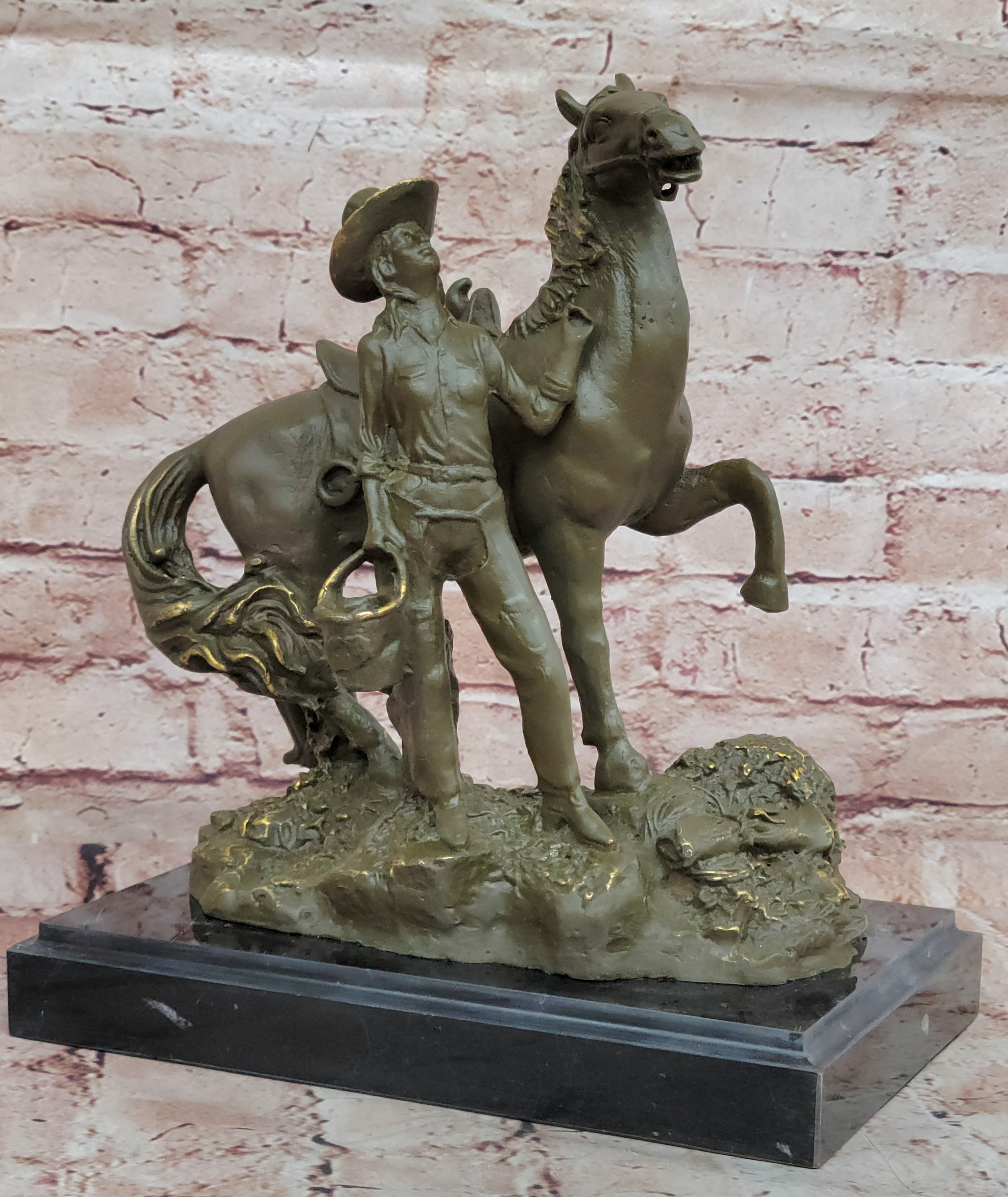 Hand Made Bronze Cowgirl Statue Sculpture with Horse Old West Theme Signed J Patoue Figurine