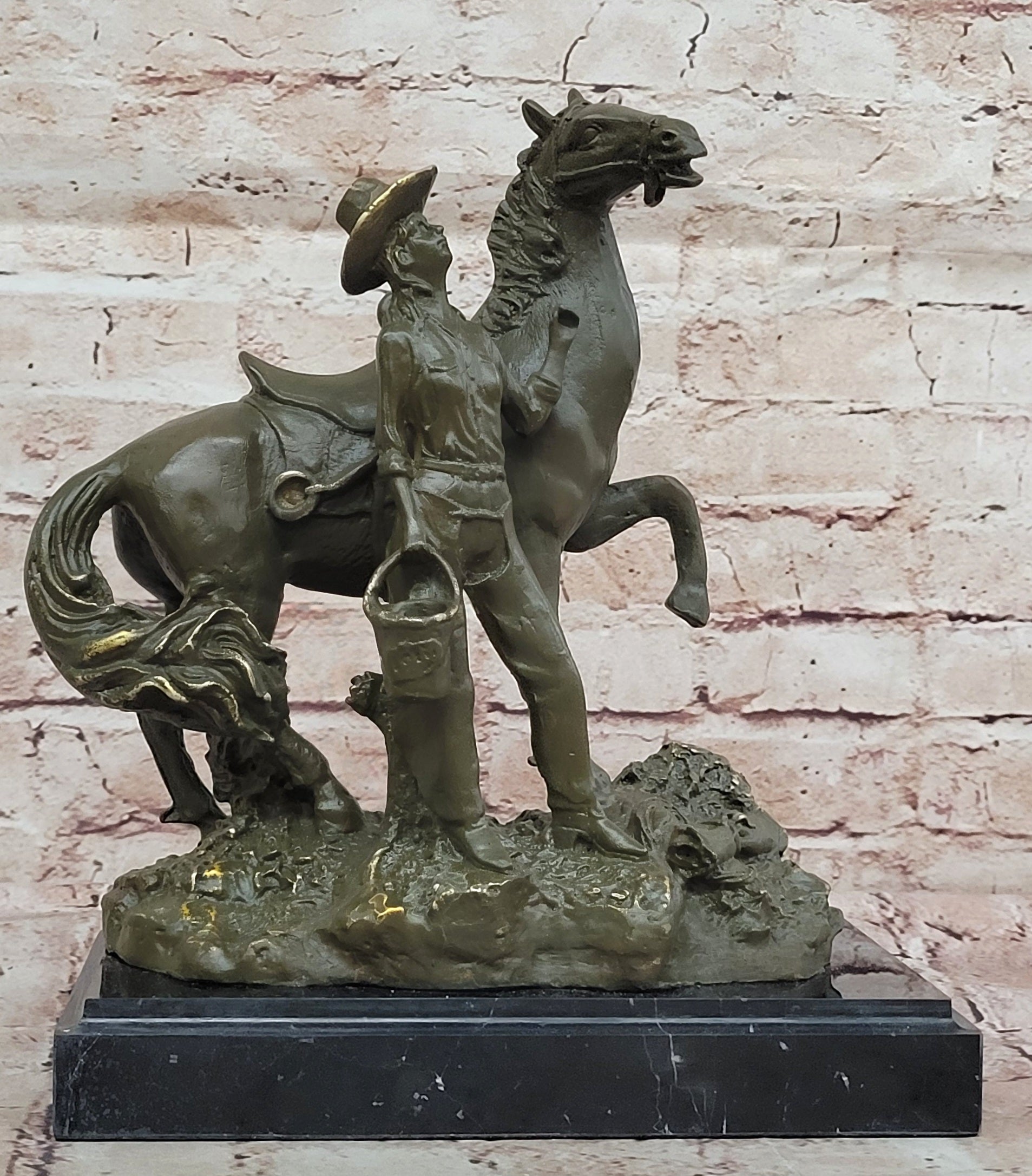 Hand Made Bronze Cowgirl Statue Sculpture with Horse Old West Theme Signed J Patoue Figurine