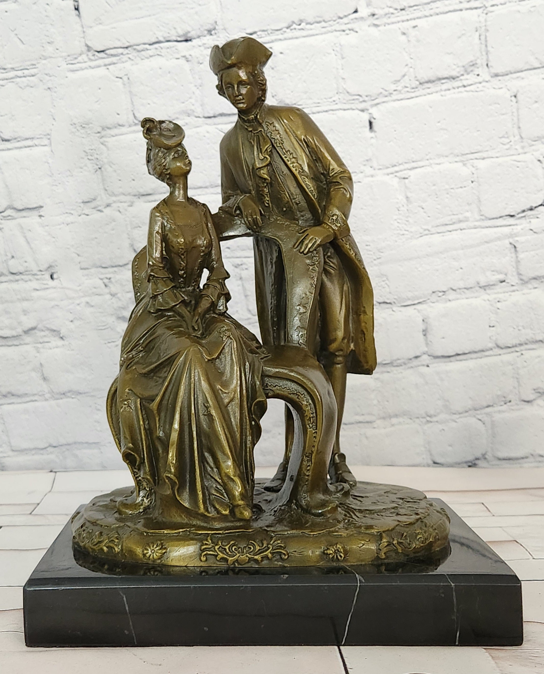 Bronze Colonial Lovers Figurine Signed Annie Romantic Fine Art Sculpture