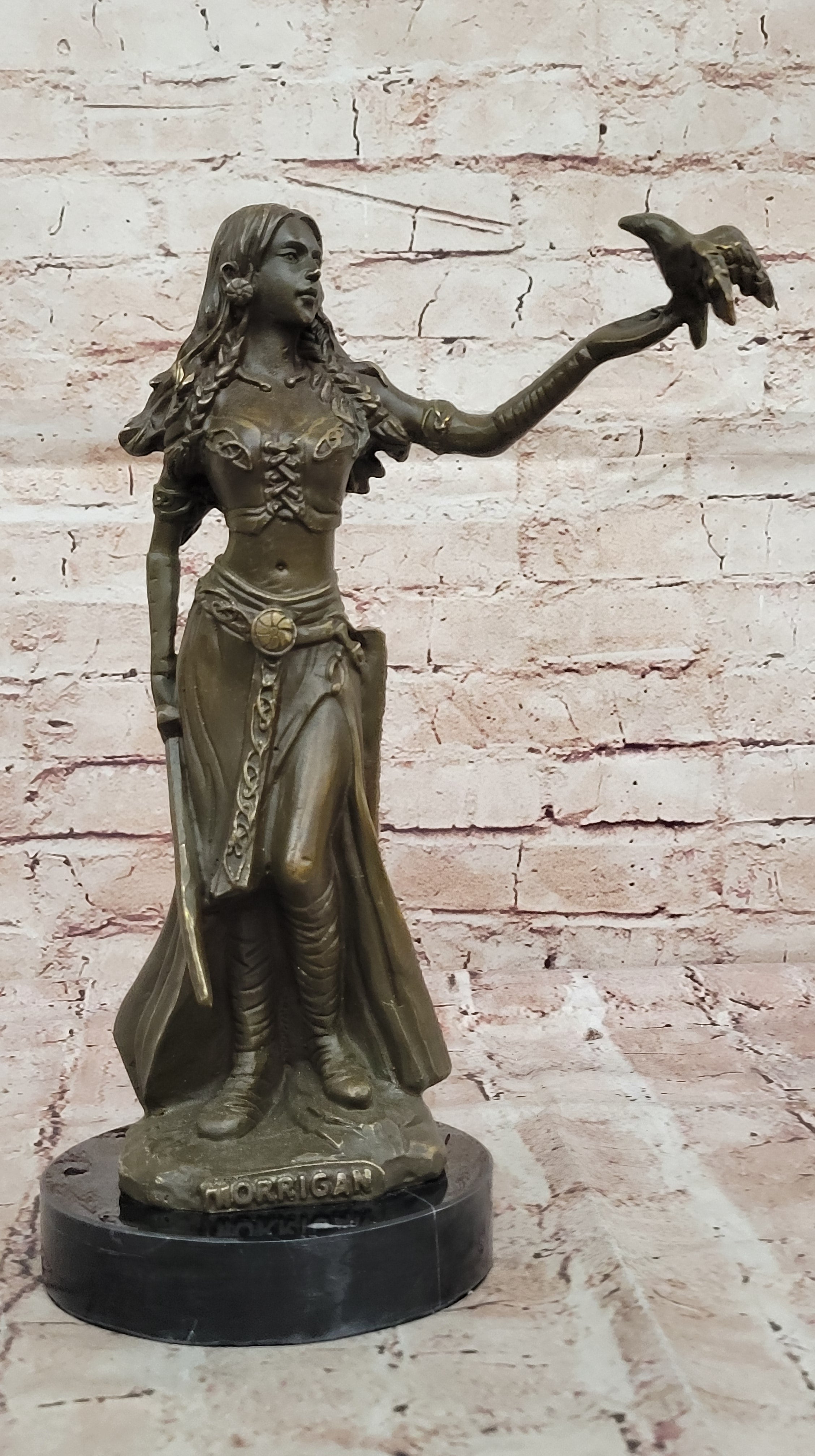 Hand Made Celtic Warrior Goddess Bronze Figurine with Bird by Aldo Vitaleh Artwork