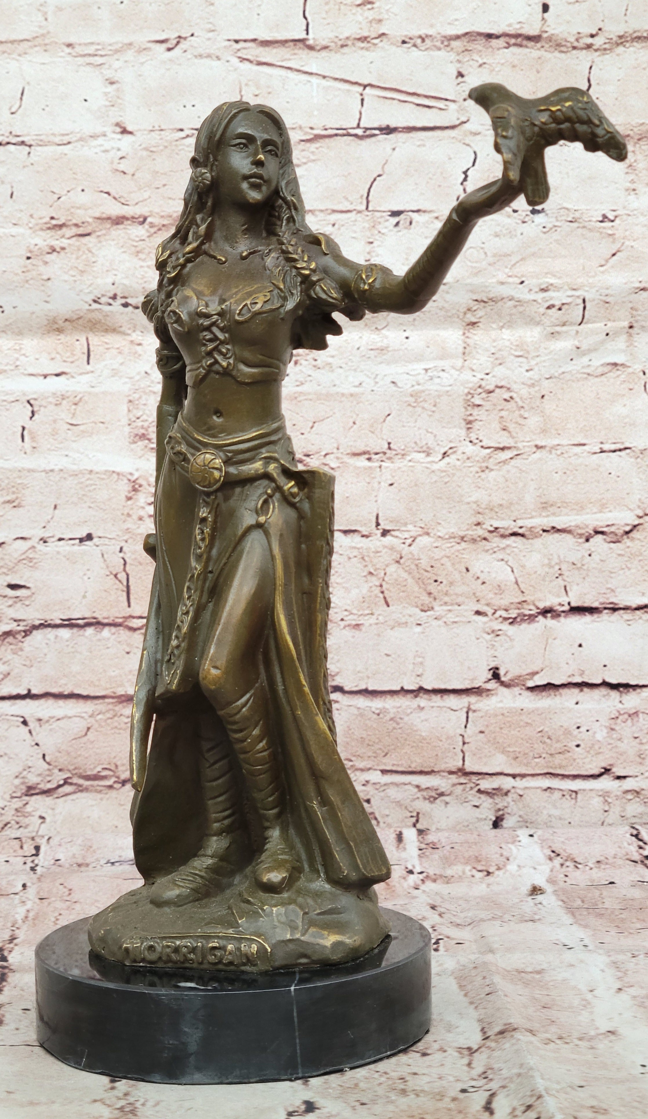 Hand Made Celtic Warrior Goddess Bronze Figurine with Bird by Aldo Vitaleh Artwork