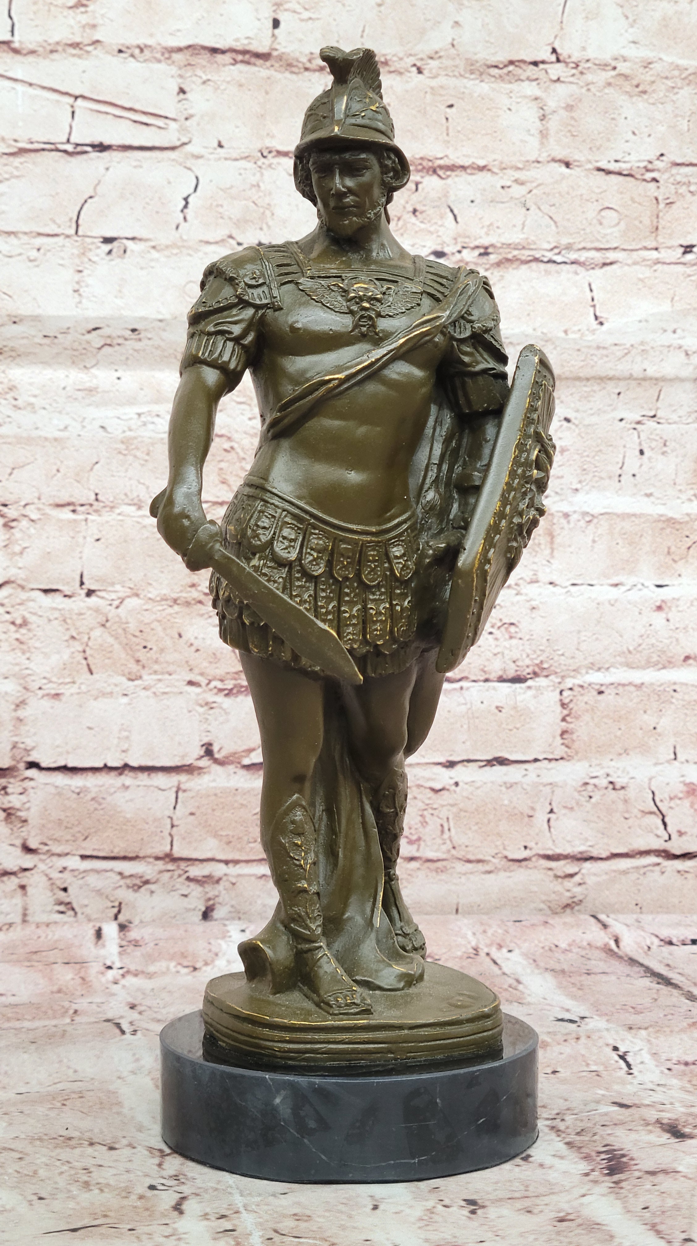 Bronze Roman Warrior Sculpture with Sword Historical Soldier Figurine Home Decor