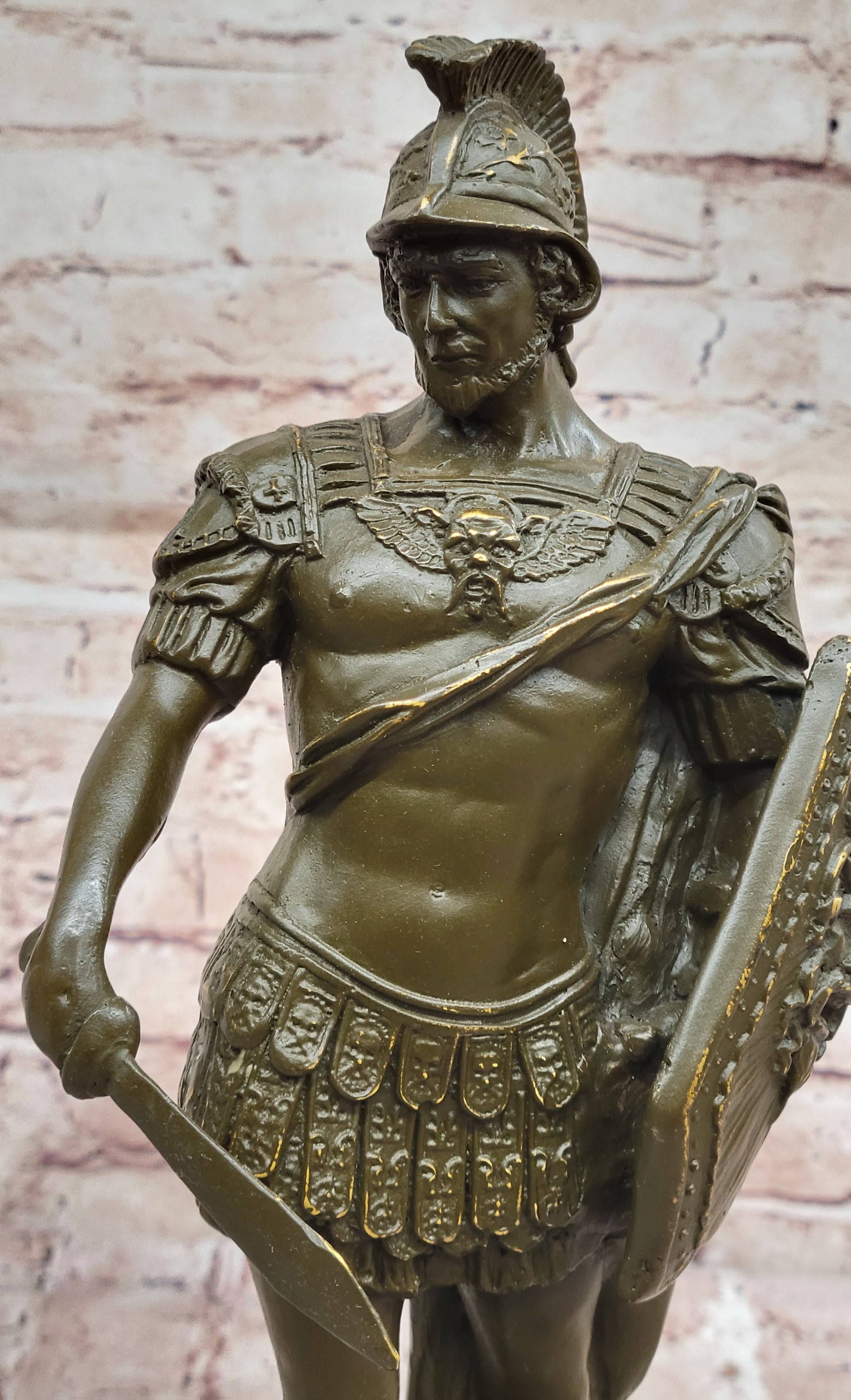 Bronze Roman Warrior Sculpture with Sword Historical Soldier Figurine Home Decor
