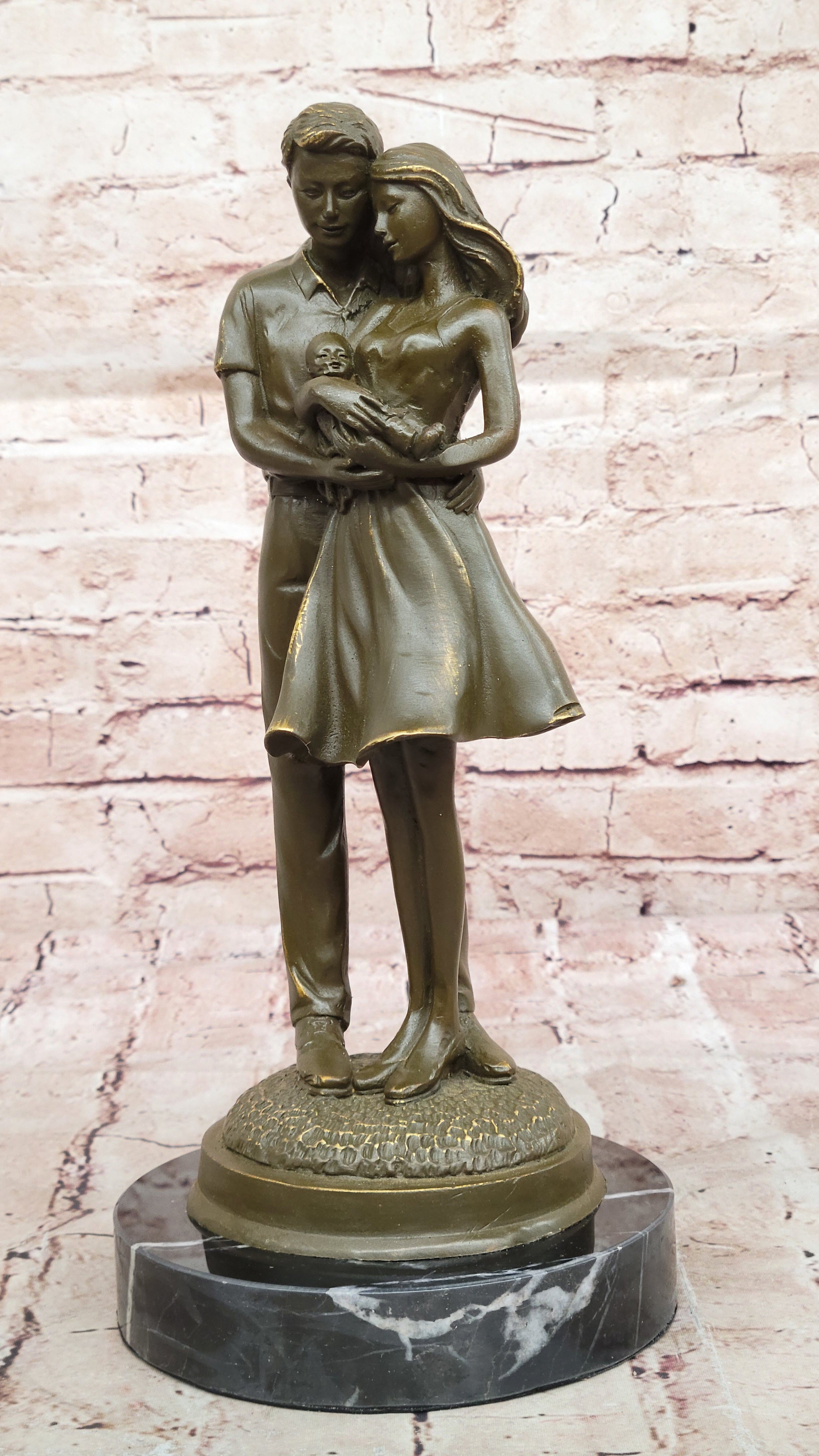 Bronze Family Sculpture by Milo Parents Holding Baby Statue Newborn Celebration Art