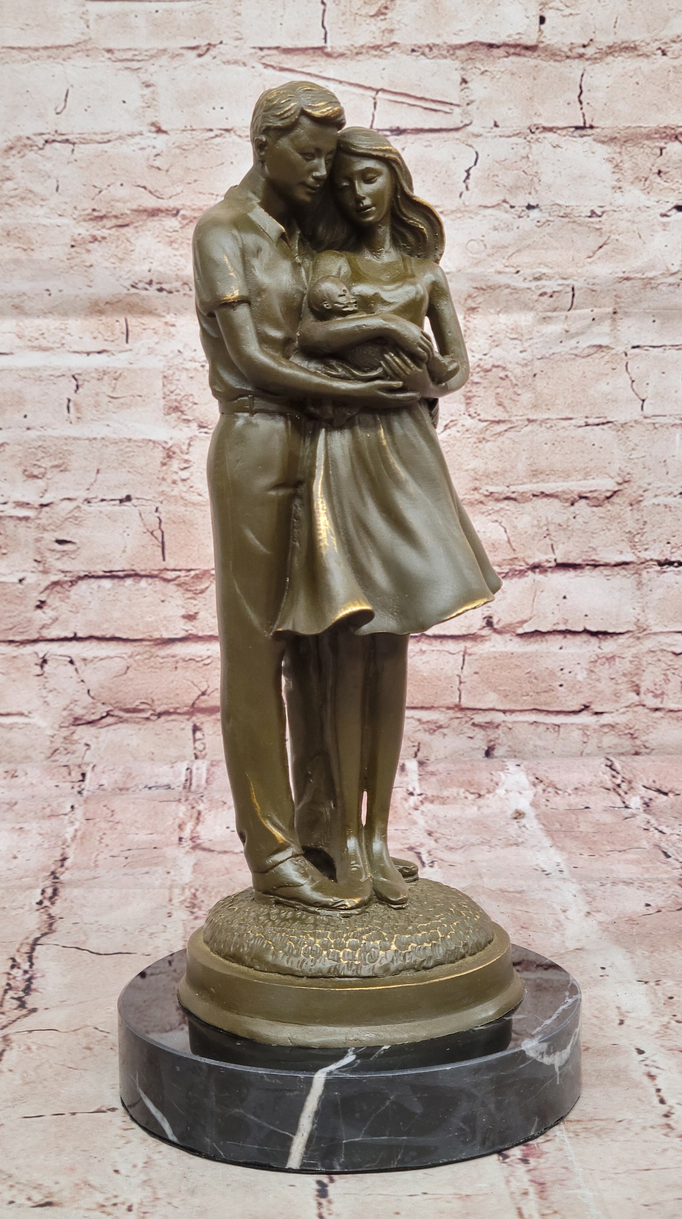 Bronze Family Sculpture by Milo Parents Holding Baby Statue Newborn Celebration Art