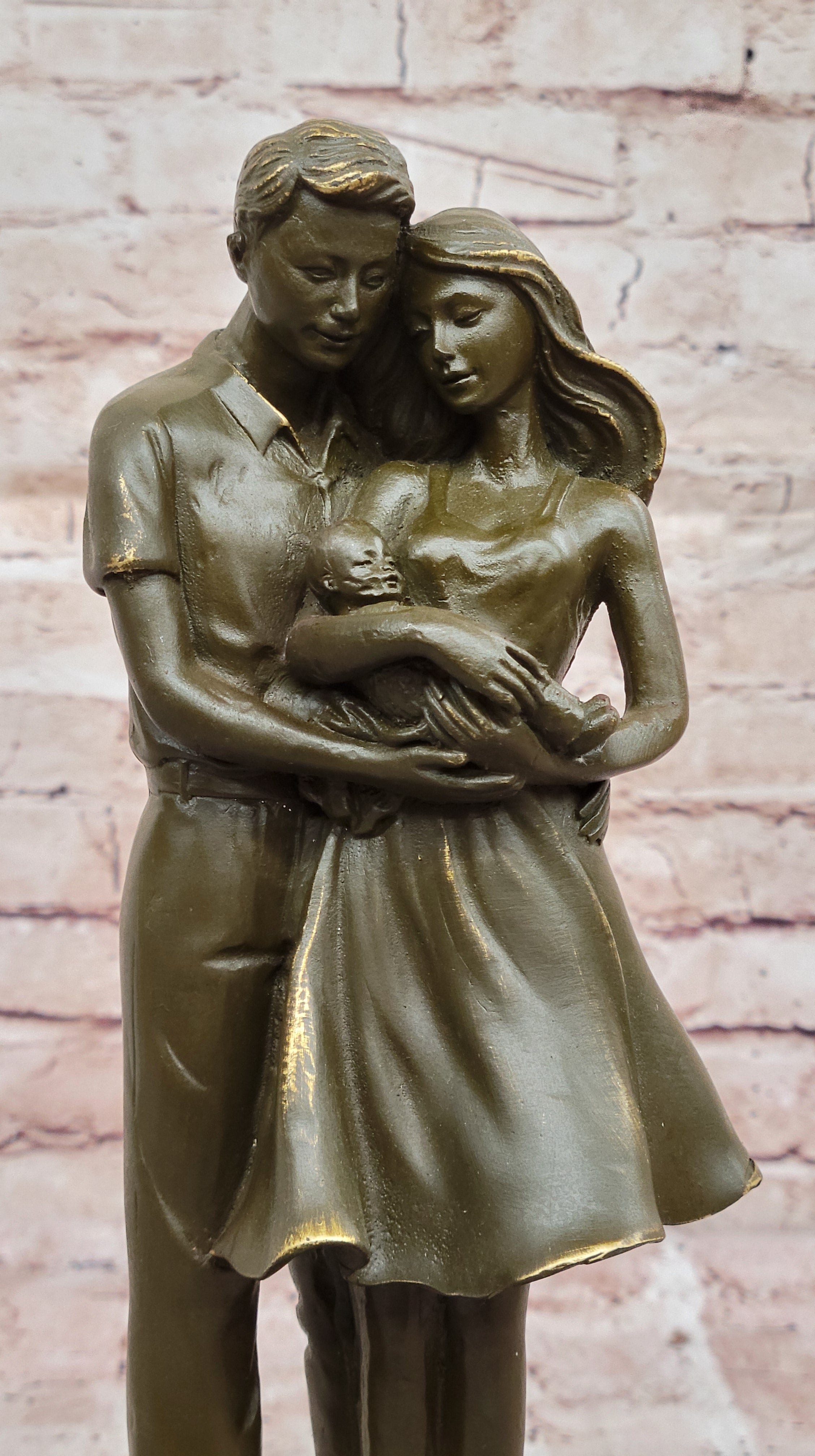 Bronze Family Sculpture by Milo Parents Holding Baby Statue Newborn Celebration Art