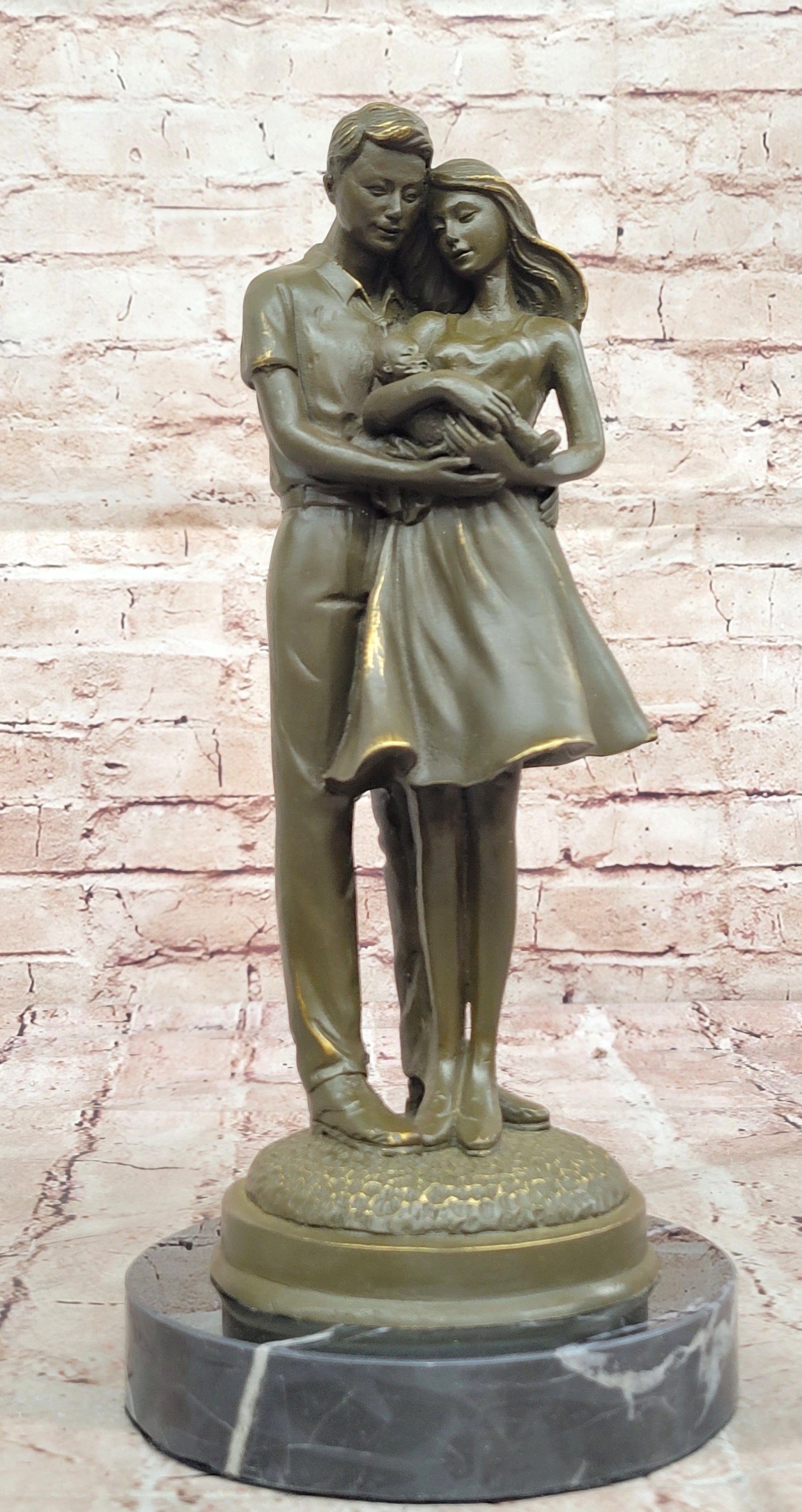 Bronze Family Sculpture by Milo Parents Holding Baby Statue Newborn Celebration Art