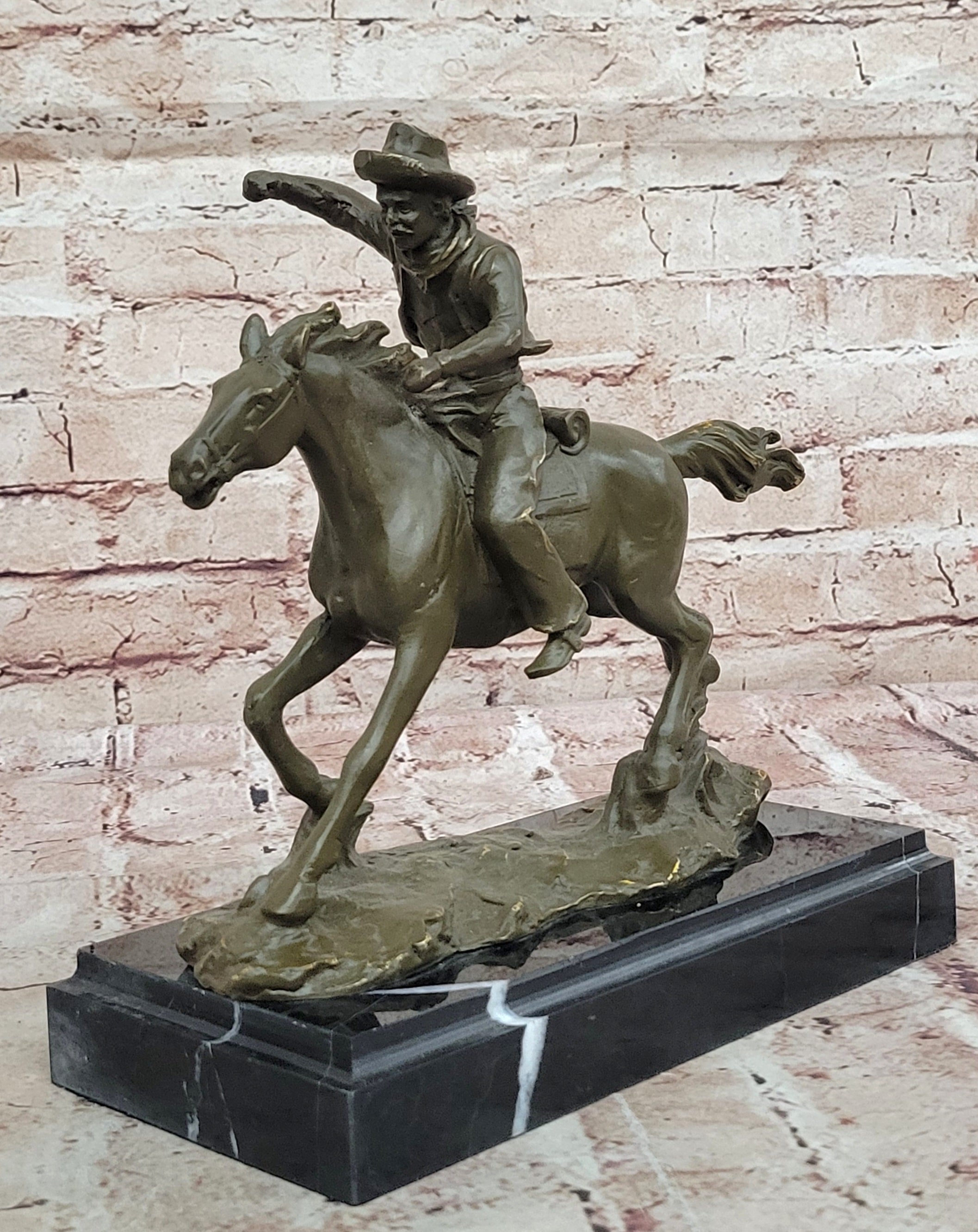 Kamiko Western Cowboy Riding Horse Bronze Sculpture Statue Collectible Home Decor