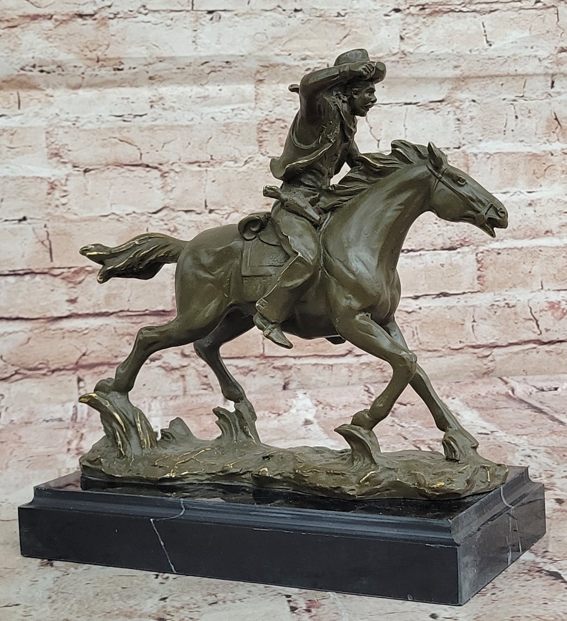 Kamiko Western Cowboy Riding Horse Bronze Sculpture Statue Collectible Home Decor