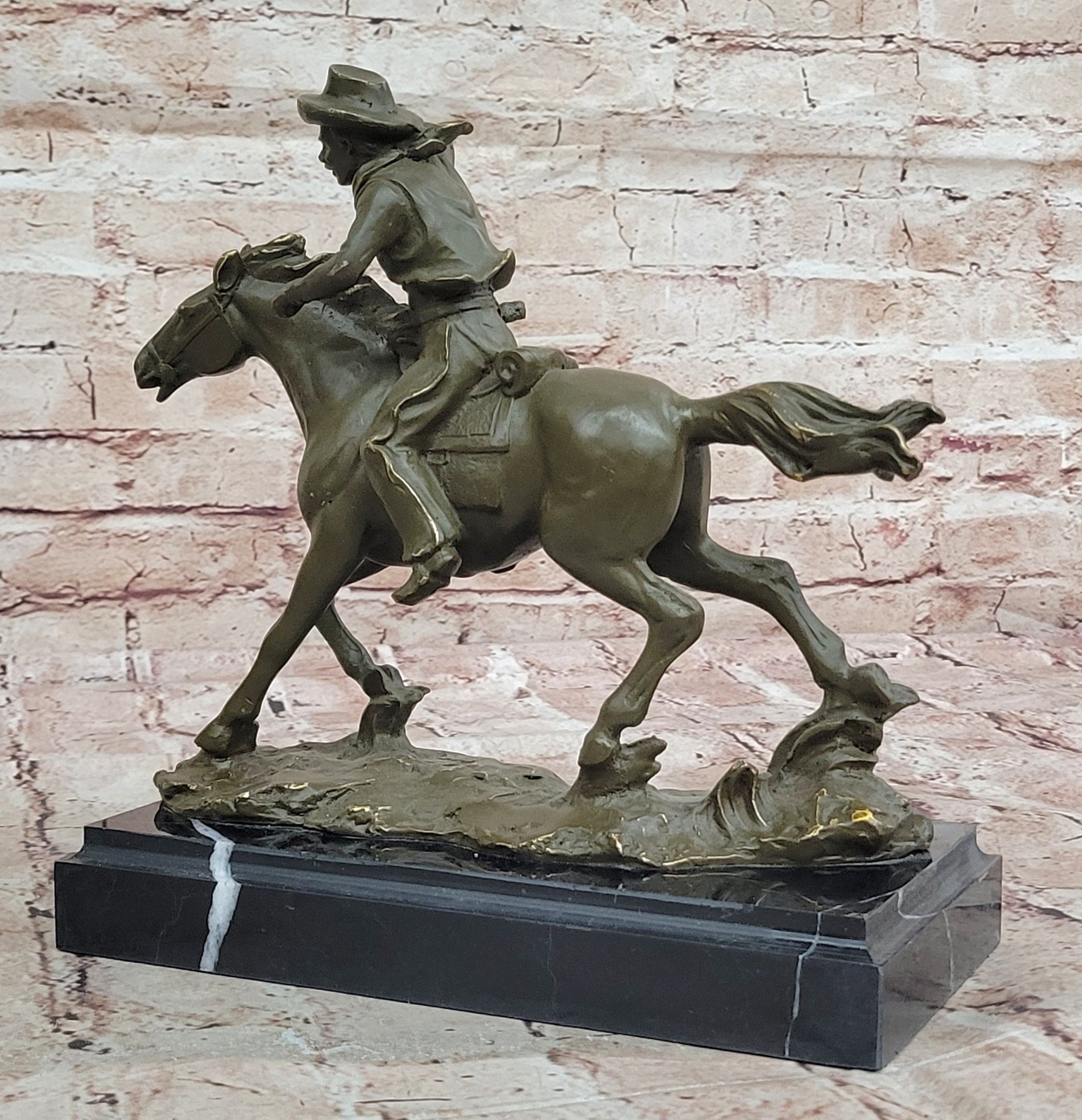 Kamiko Western Cowboy Riding Horse Bronze Sculpture Statue Collectible Home Decor