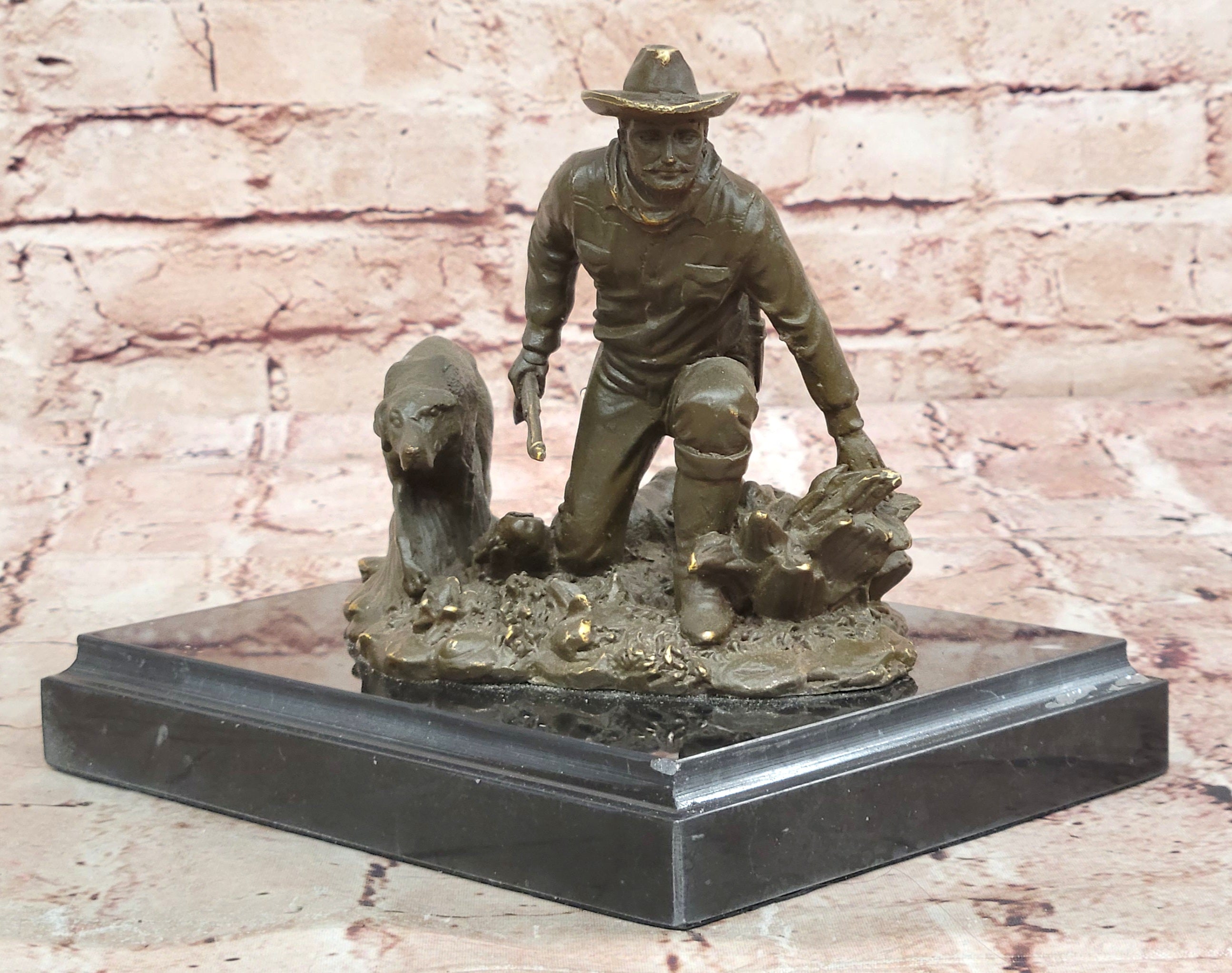 Bronze Cowboy and Loyal Dog Statue by M.Lopez Western Figurine Signed and Numbered