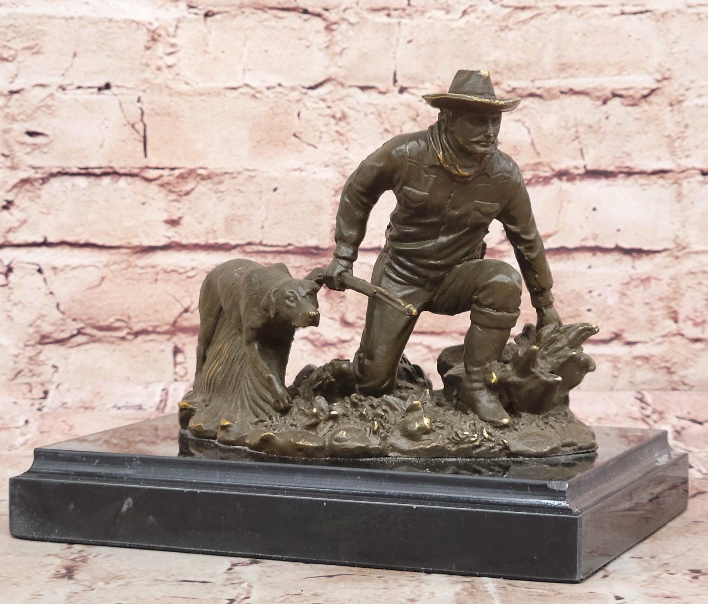 Bronze Cowboy and Loyal Dog Statue by M.Lopez Western Figurine Signed and Numbered