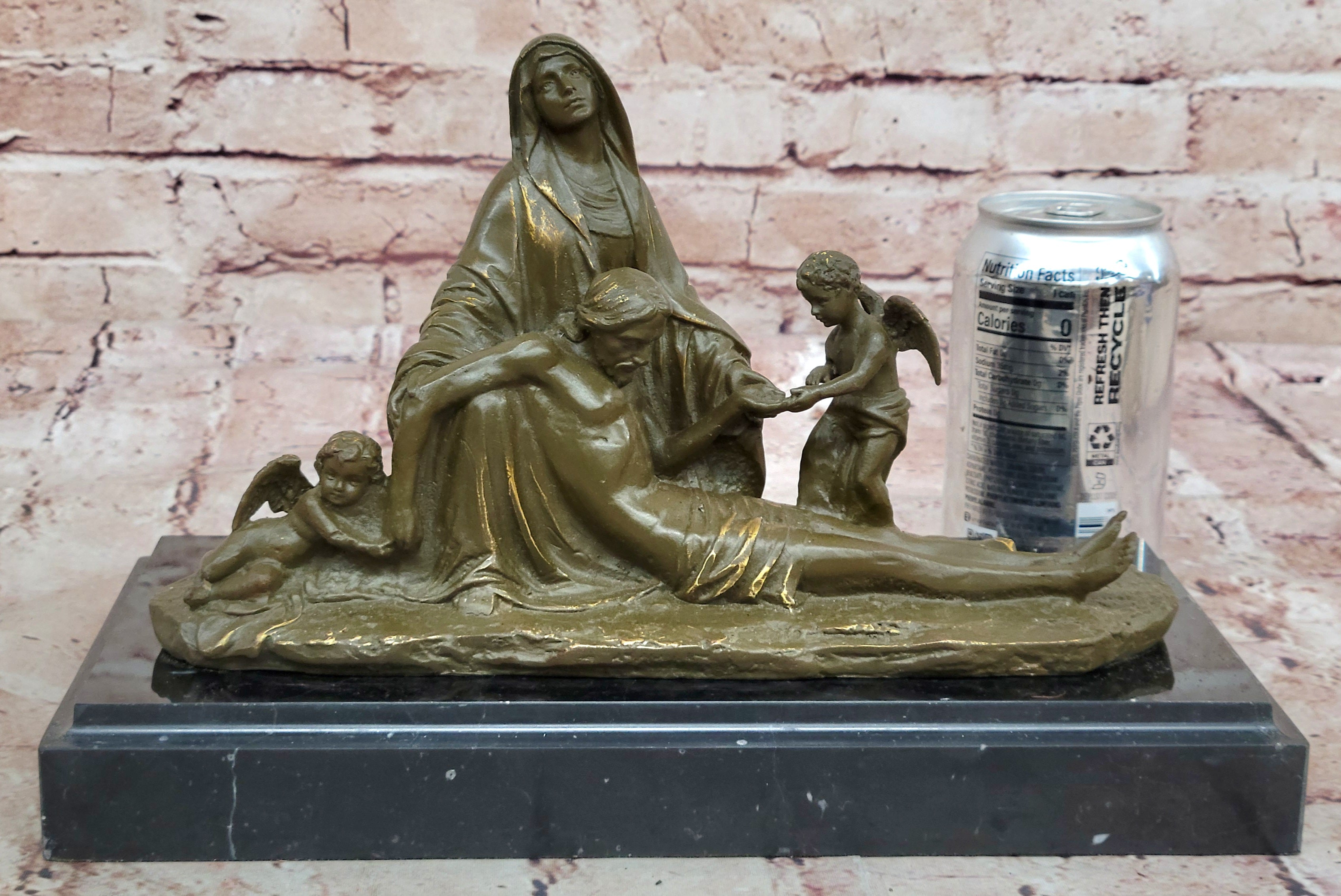 Signed Valli Bronze Statue Our Lady of Sorrows with Angel Religious Catholic Decor