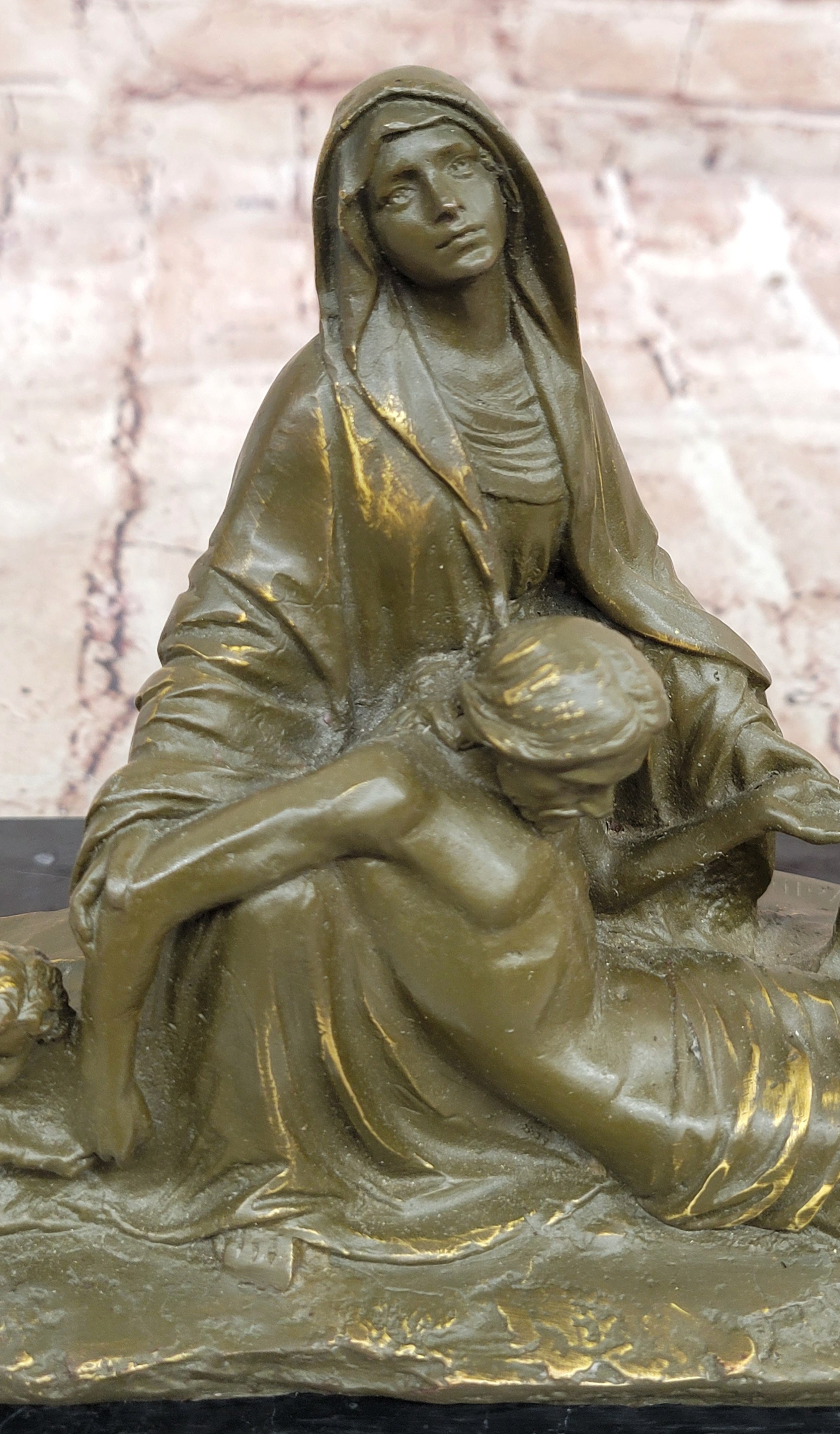 Signed Valli Bronze Statue Our Lady of Sorrows with Angel Religious Catholic Decor