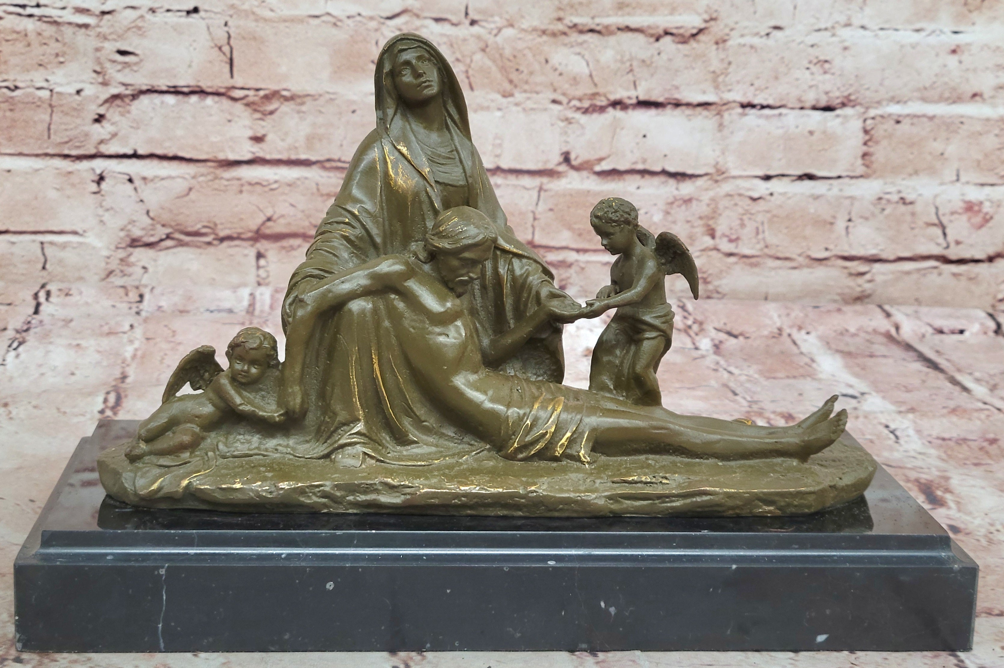 Signed Valli Bronze Statue Our Lady of Sorrows with Angel Religious Catholic Decor