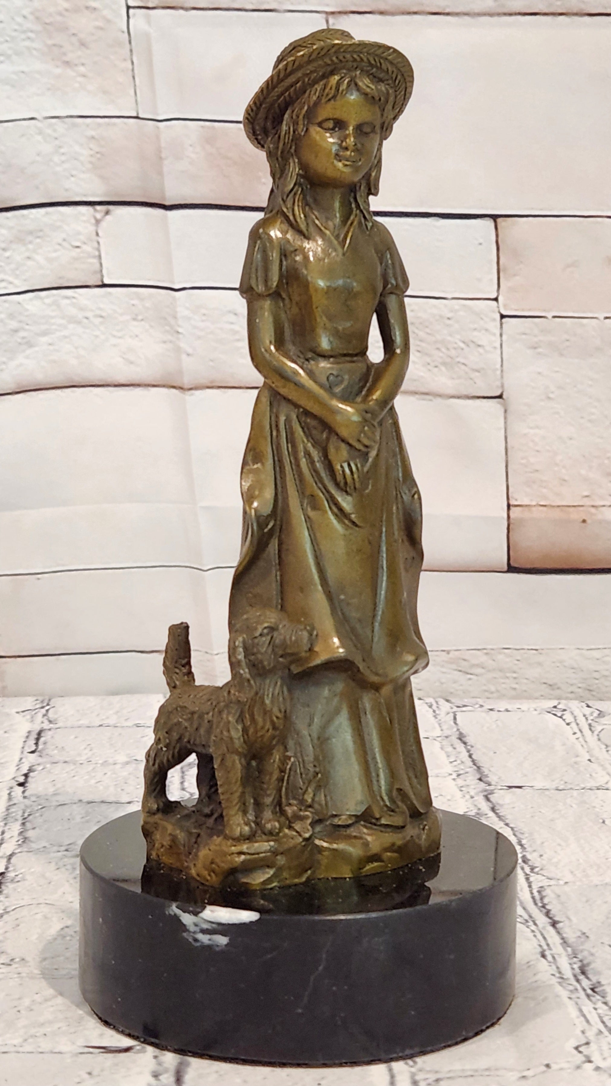 Bronze Victorian Woman with Loyal Dog Statue Signed M Lopez Decorative Art Piece