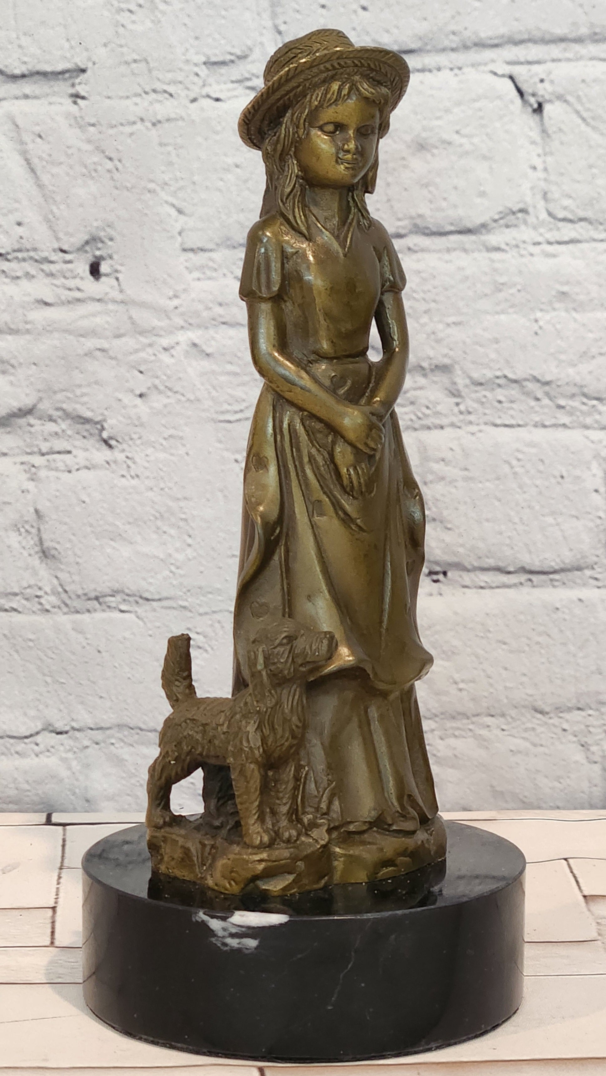 Bronze Victorian Woman with Loyal Dog Statue Signed M Lopez Decorative Art Piece